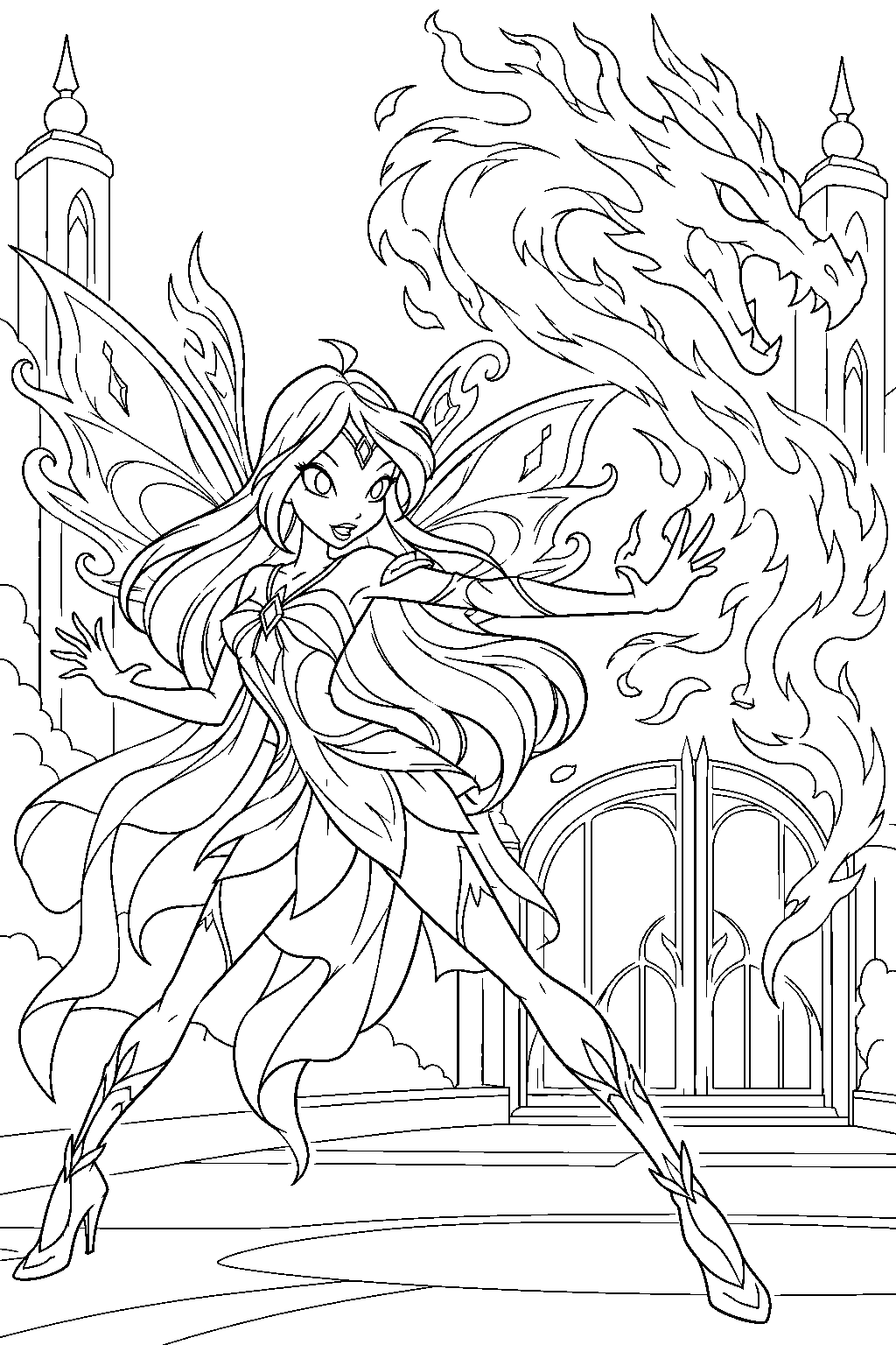 winx club bloom in bloomix protecting the domino palace gates with a dragon shaped flame line art