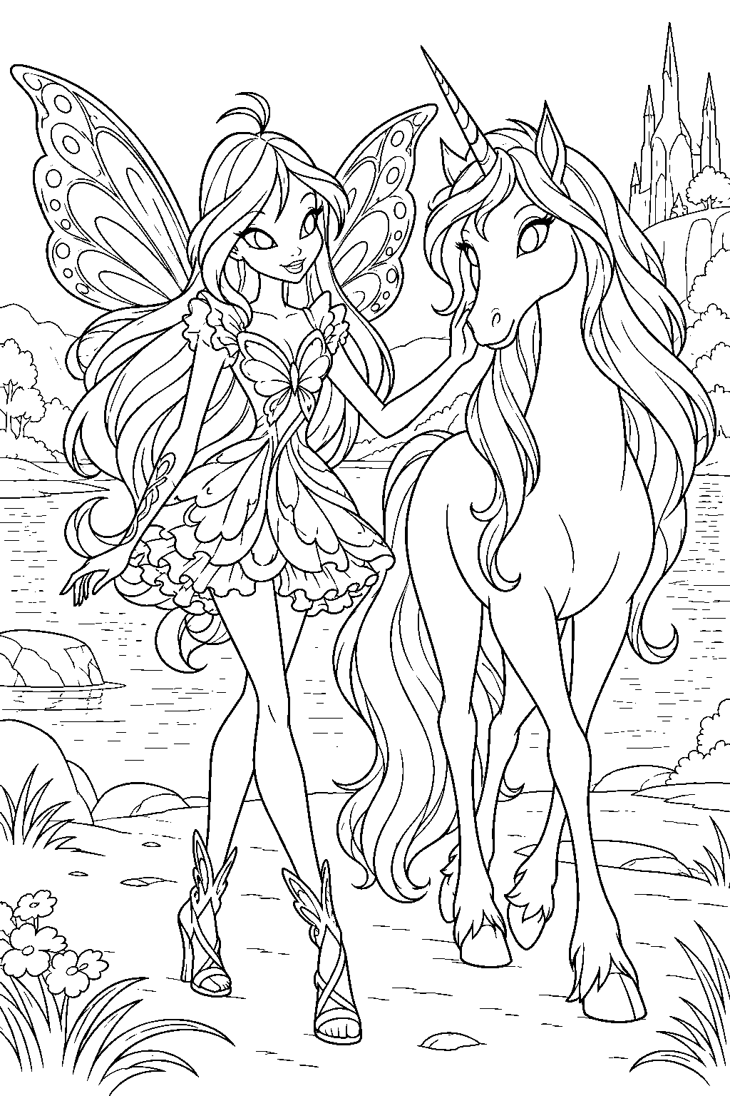 winx club bloom in butterflix walking beside elas the unicorn by an enchanted lake line art