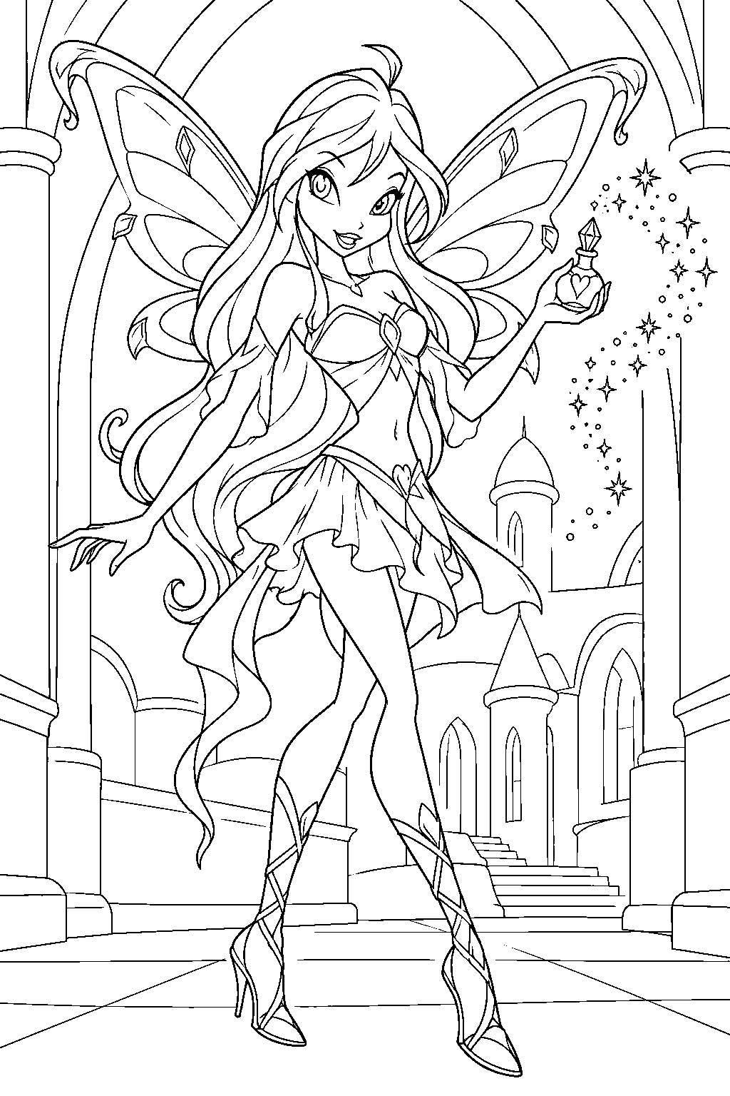 winx club bloom in enchantix sprinkling fairy dust from her bottle beneath an alfea archway line art
