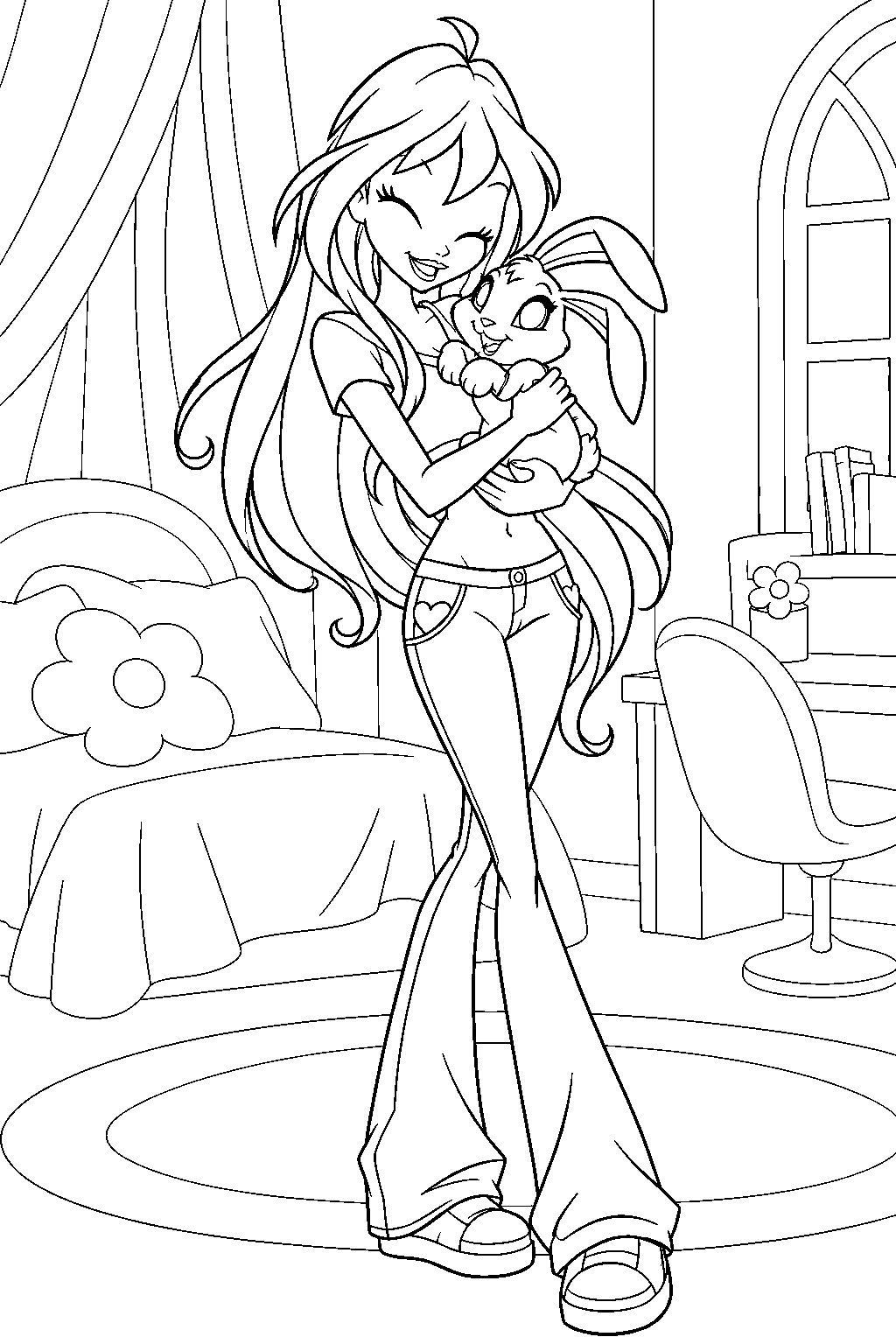 winx club bloom in her casual outfit carrying kiko the rabbit in her alfea bedroom line art