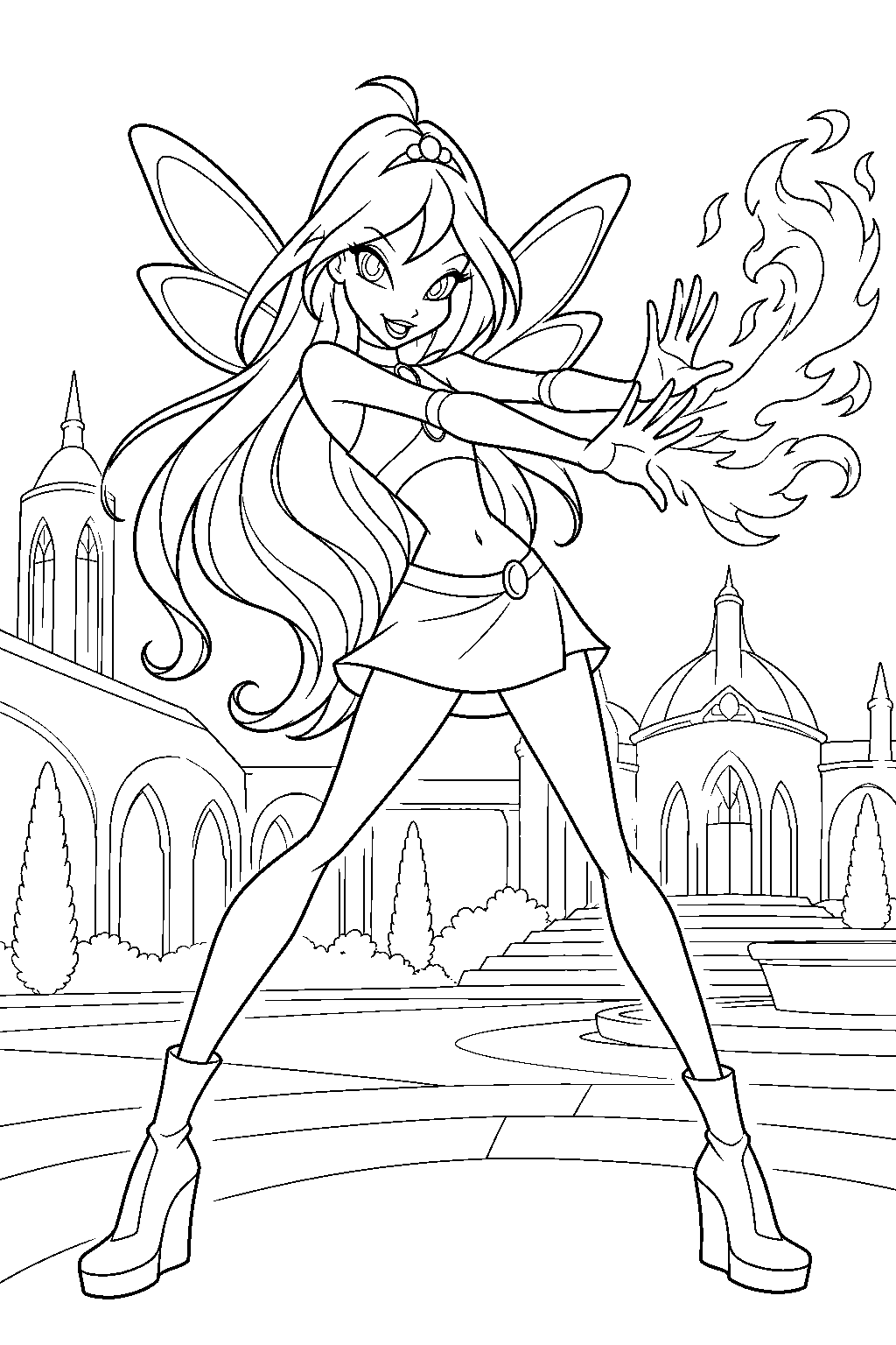winx club bloom in her magic winx fairy form casting a dragon flame spell in the alfea courtyard line art