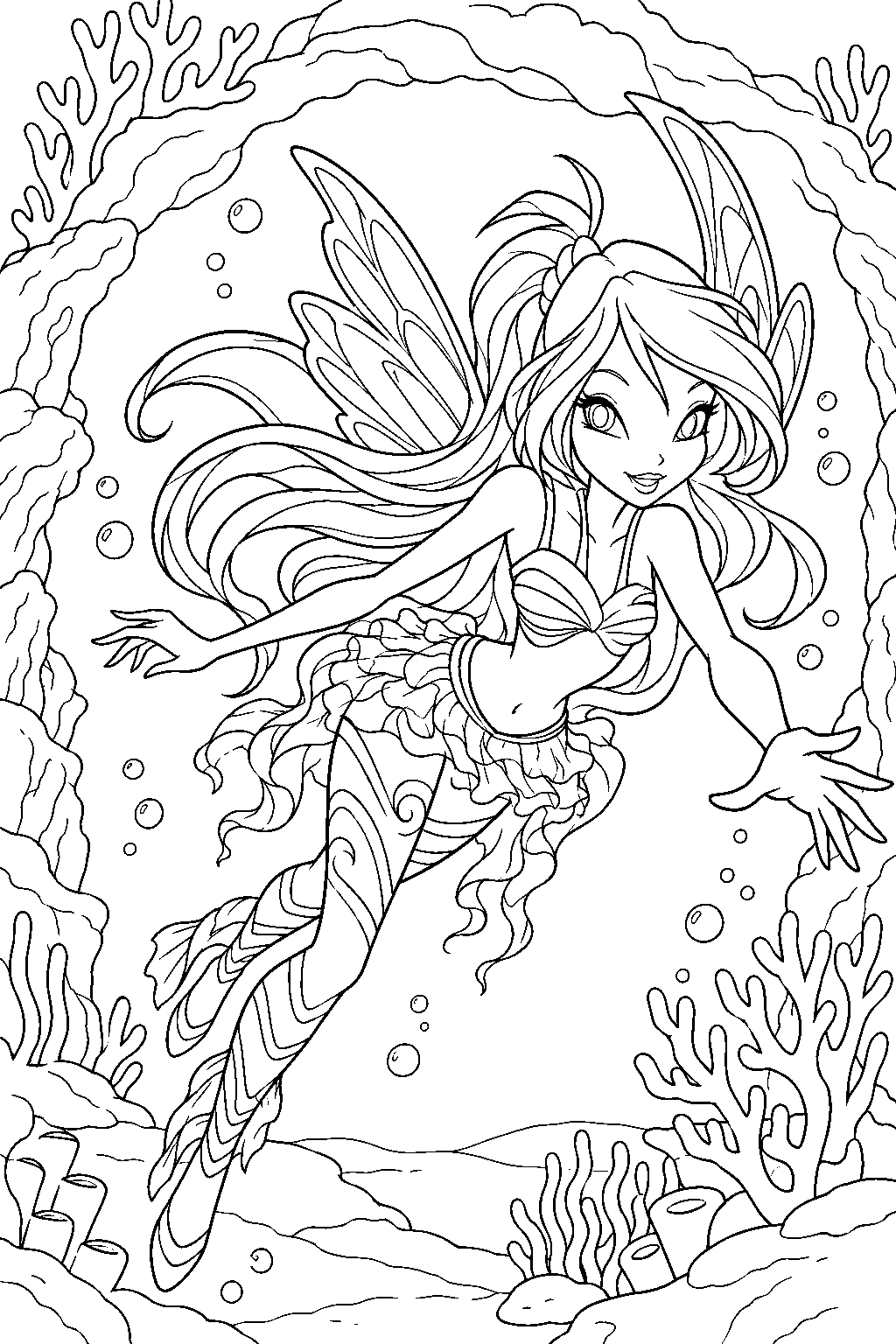 winx club bloom in sirenix swimming through a coral arch in the infinite ocean line art