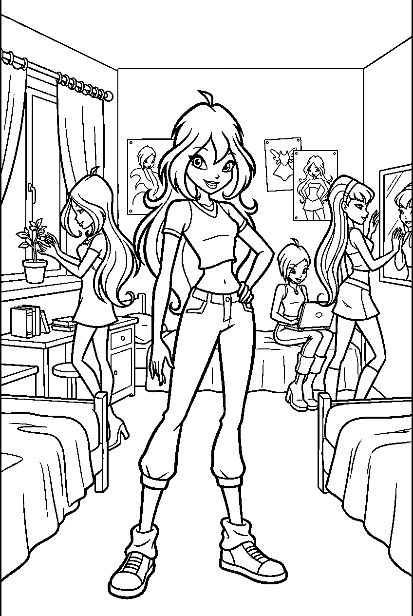 winx club characters in alfea dormitory line art