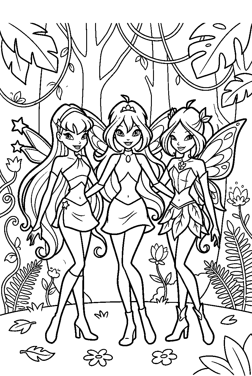 winx club characters in enchanted forest line art