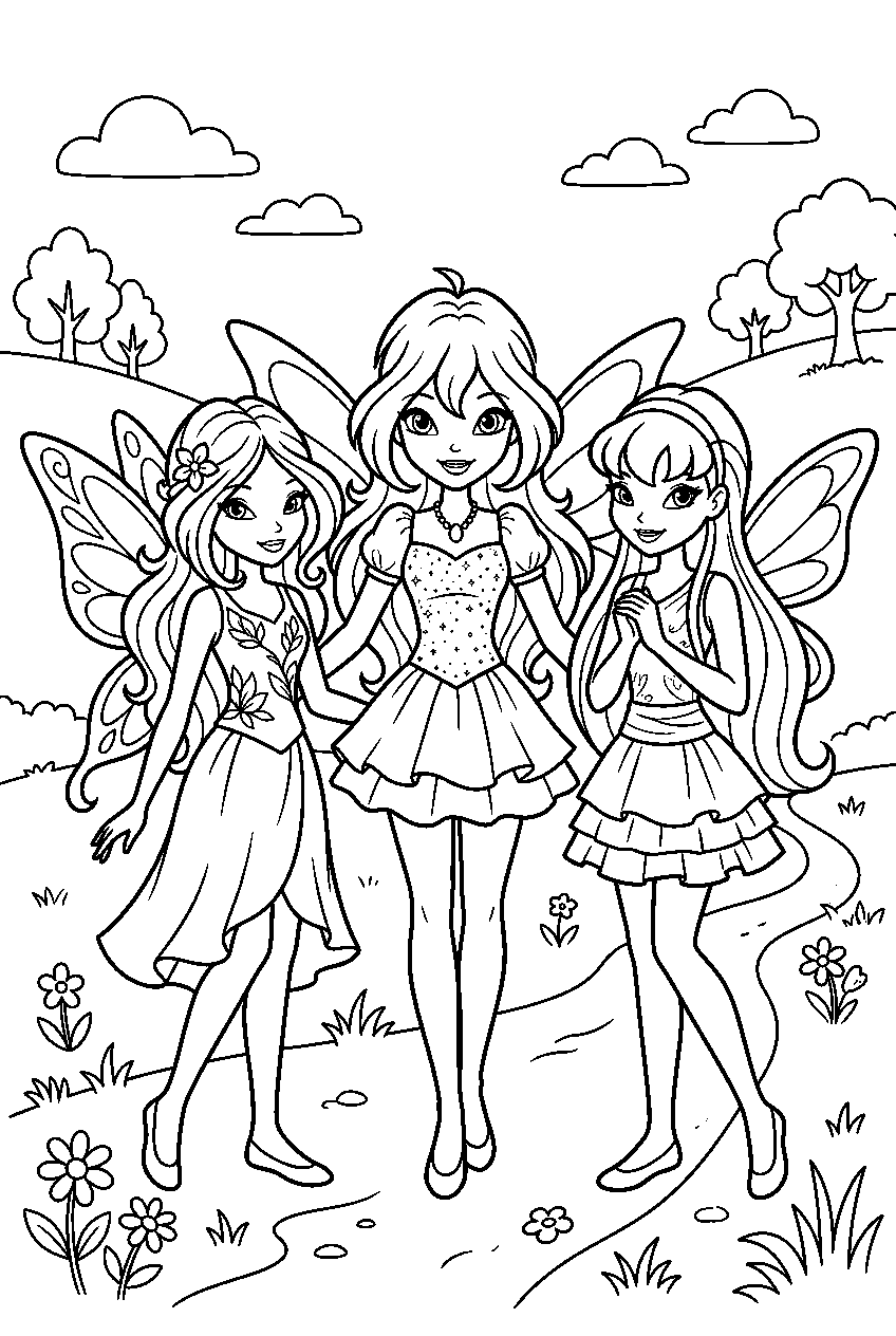 winx club characters in fairy meadow line art