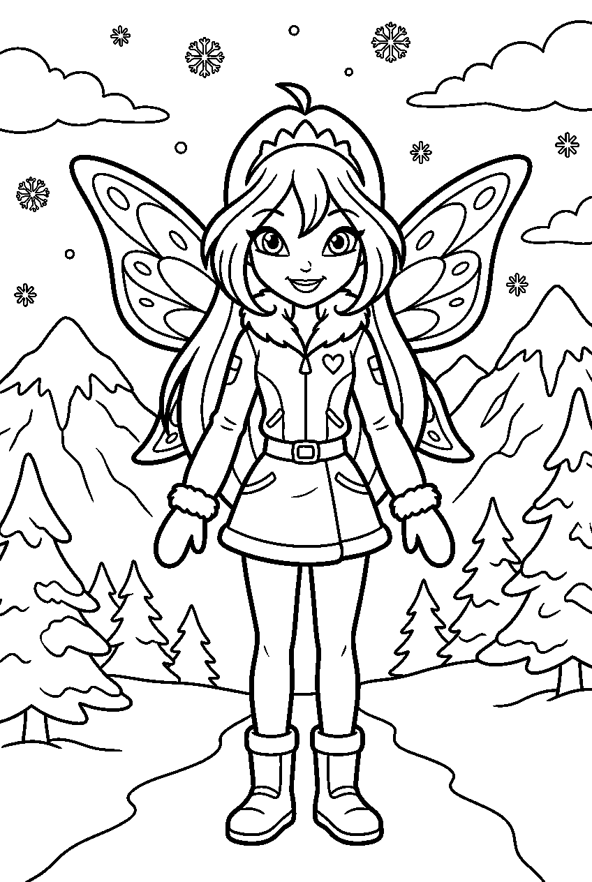 winx club characters in snowy mountain line art