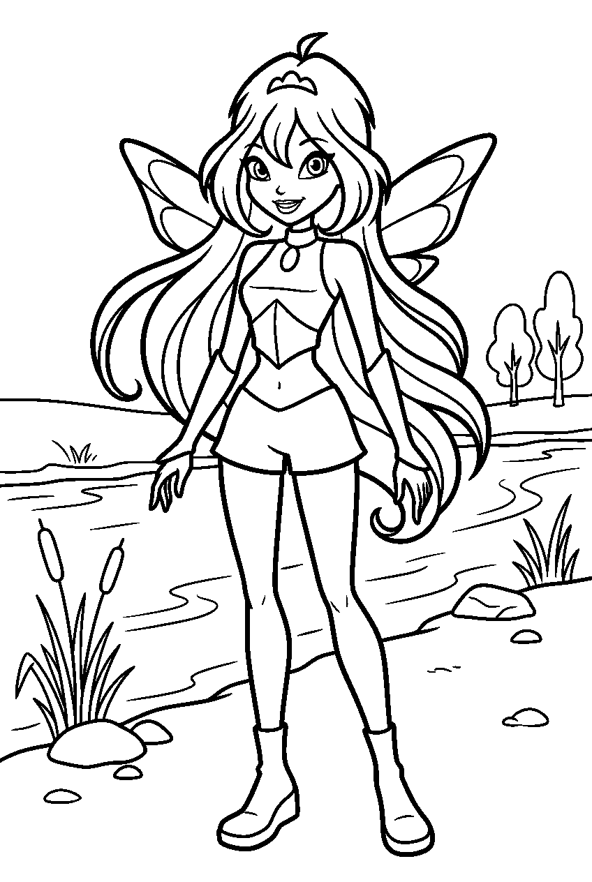 winx club characters on riverbank line art
