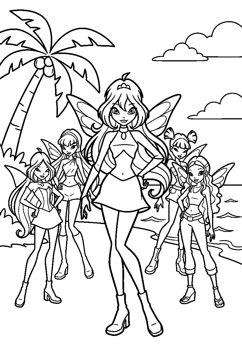 winx club characters on tropical island line art