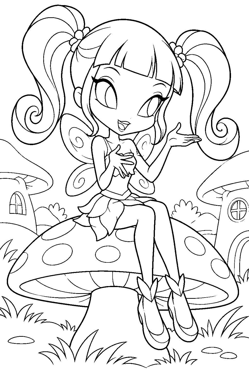 winx club chatta the pixie telling a story while perched on a mushroom in pixie village line art