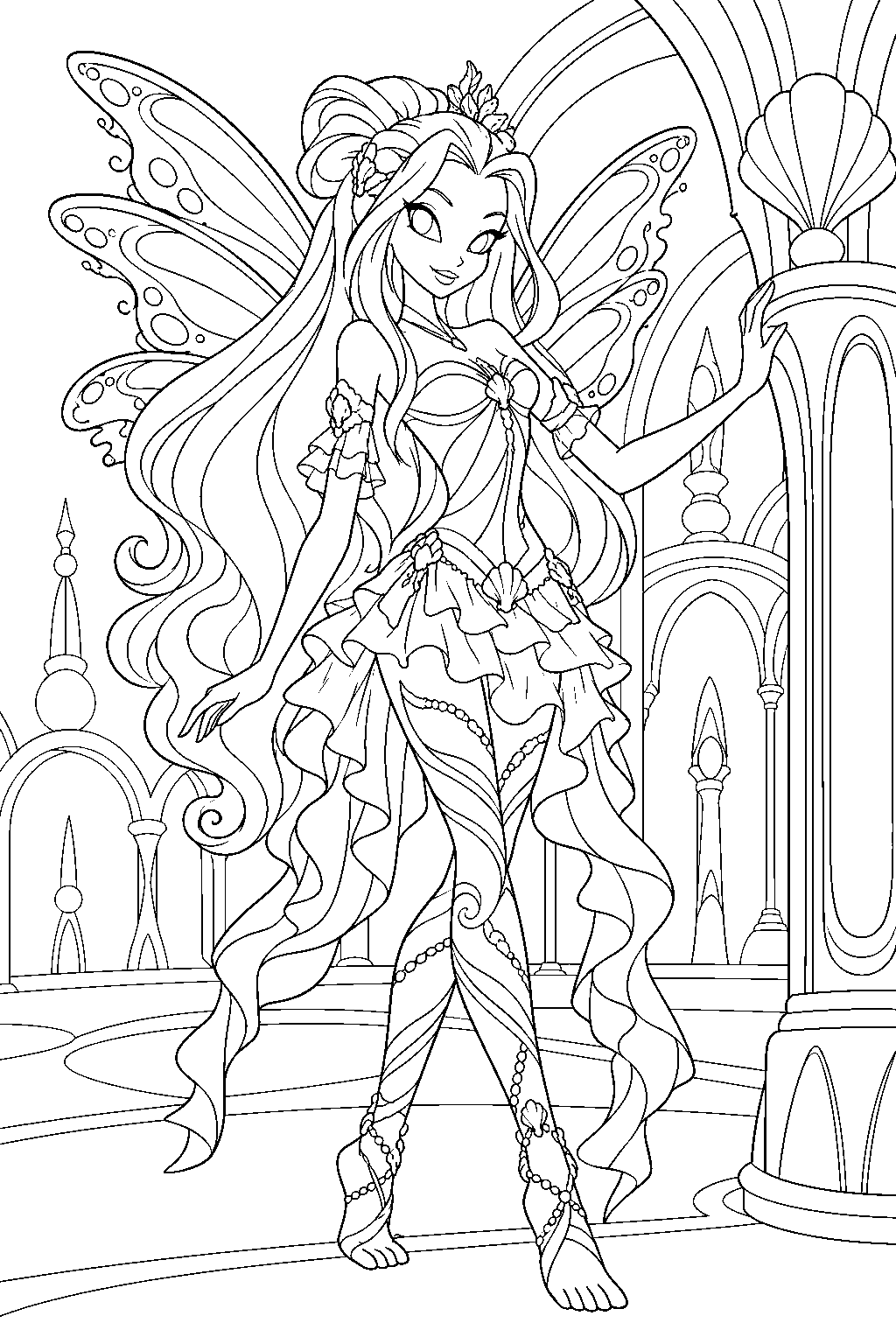 winx club daphne in sirenix standing beside a ceremonial arch in the domino palace line art