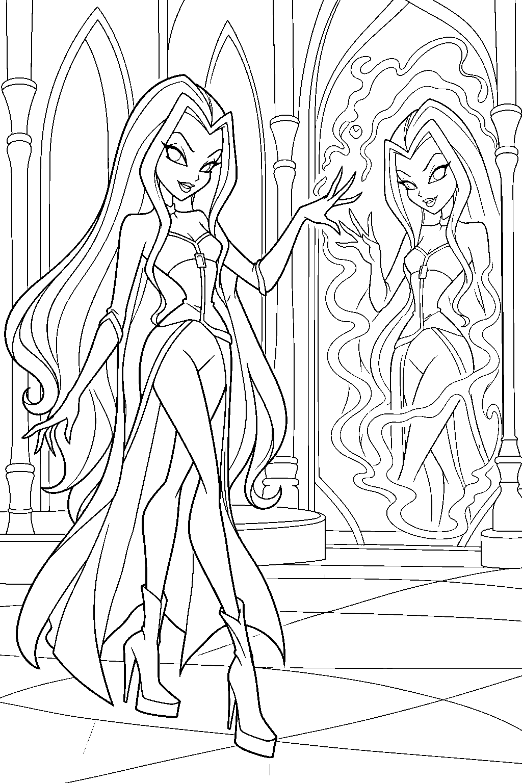 winx club darcy forming a magical illusion of herself in a cloud tower mirror hall line art