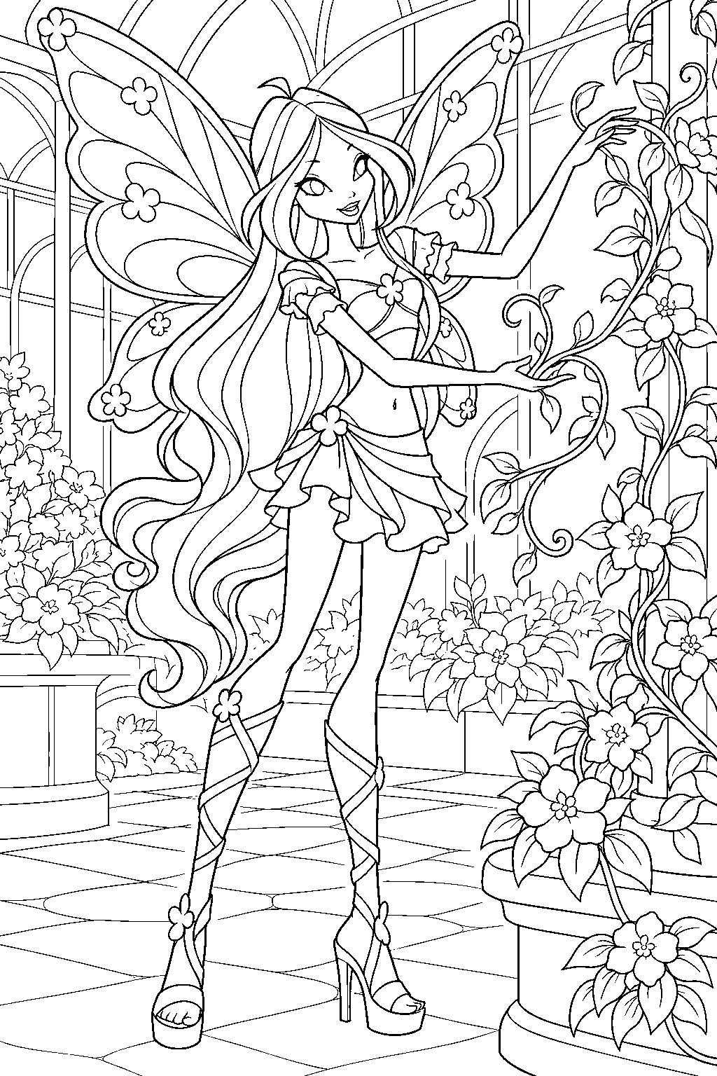 winx club flora in believix guiding flowering vines along a gardenia greenhouse line art