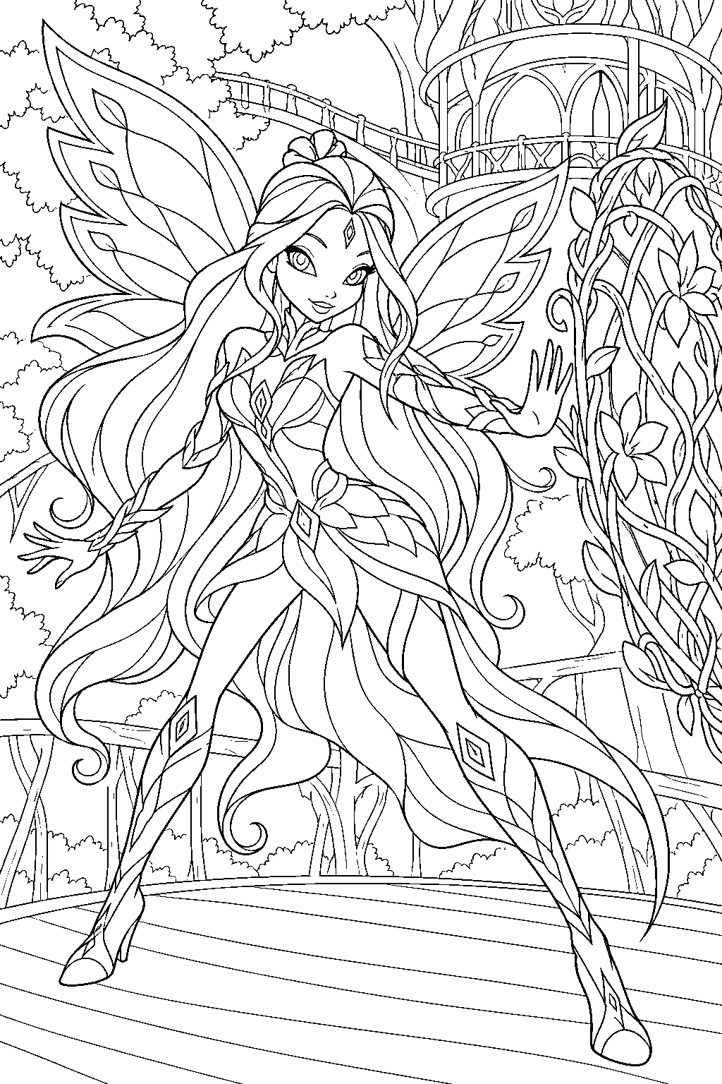 winx club flora in bloomix protecting a linphea treehouse with a woven vine shield line art