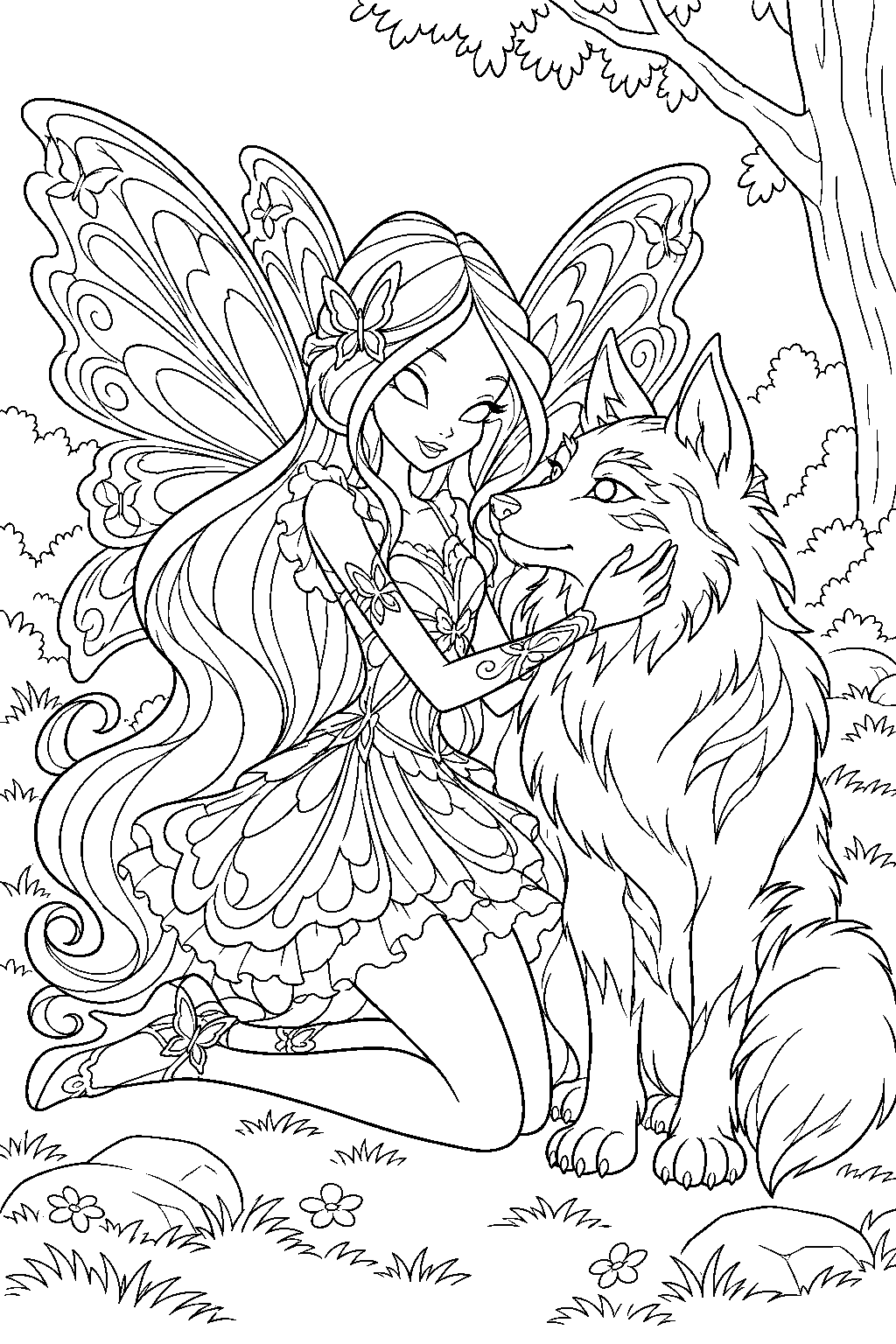 winx club flora in butterflix comforting amarok the magiwolf in a forest clearing line art