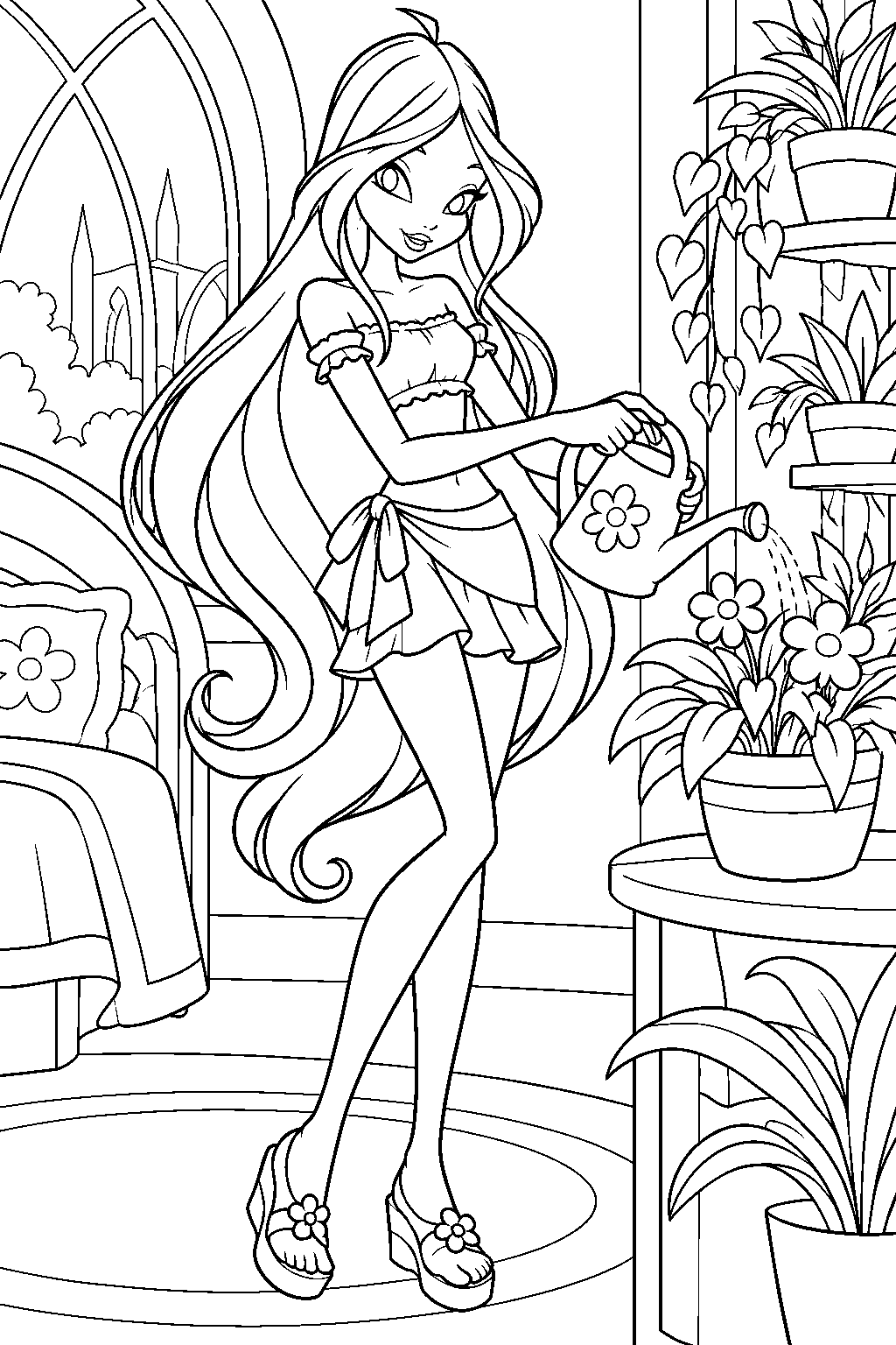 winx club flora in her casual outfit caring for potted plants in her alfea bedroom greenhouse line art