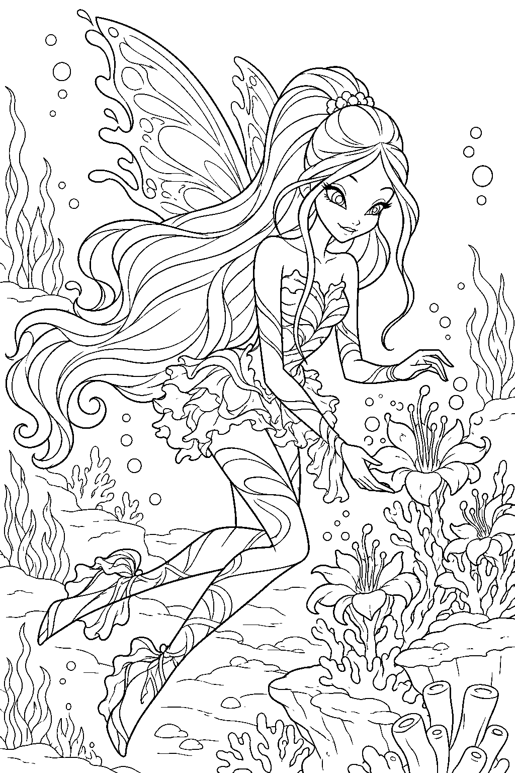 winx club flora in sirenix restoring underwater flowers on a coral reef line art
