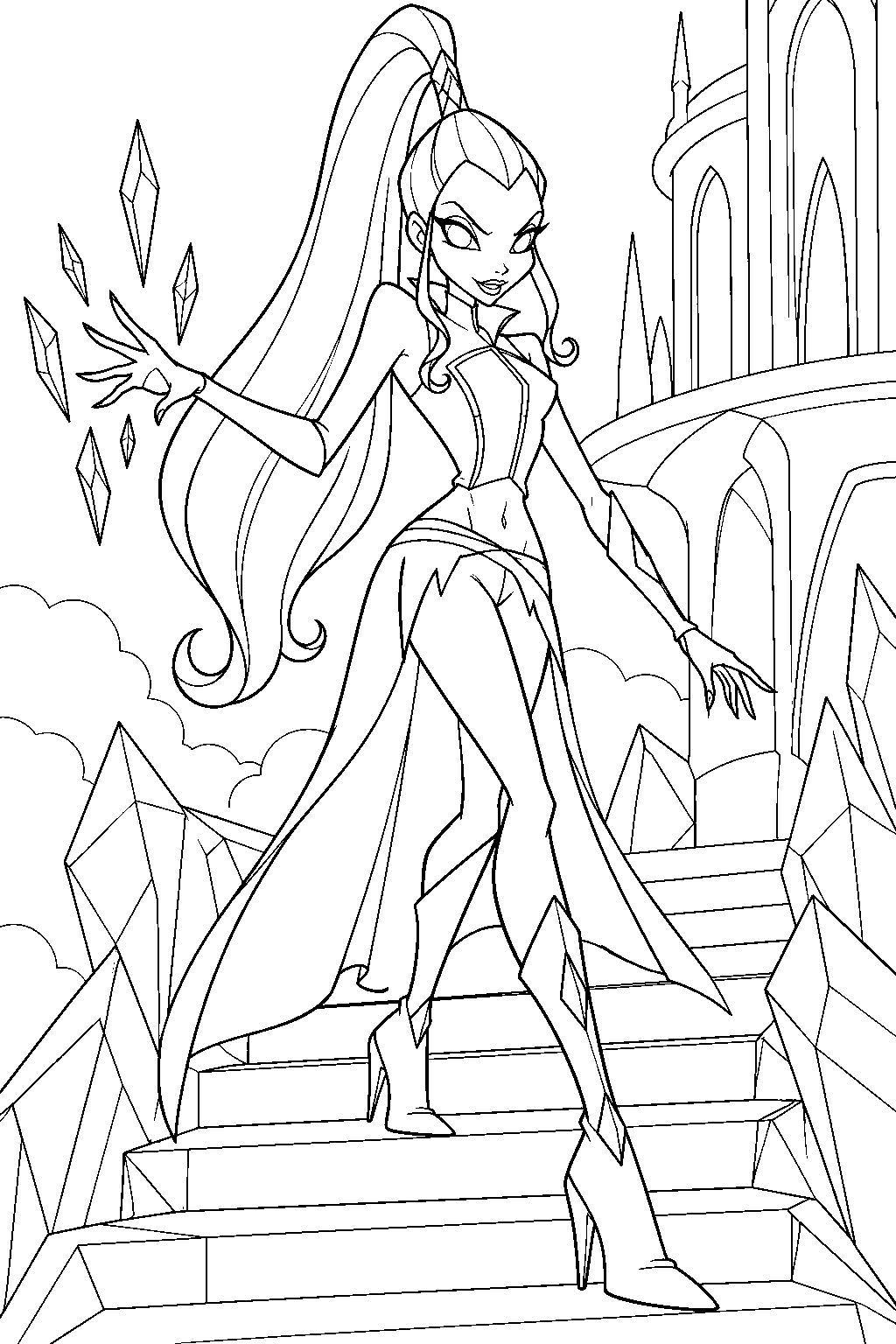 winx club icy creating ice crystal steps outside cloud tower line art