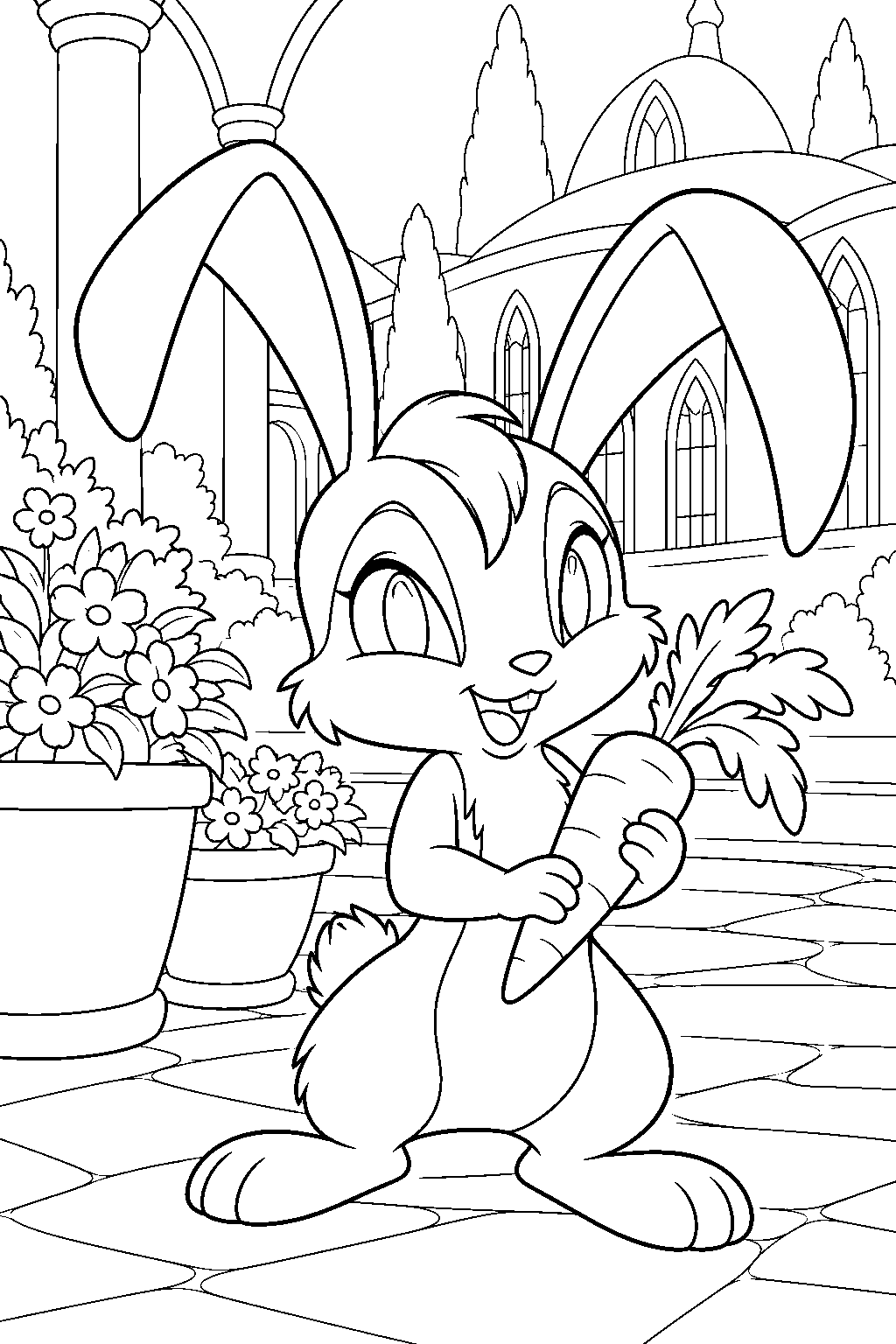 winx club kiko the rabbit holding a carrot beside flowerpots in the alfea courtyard line art