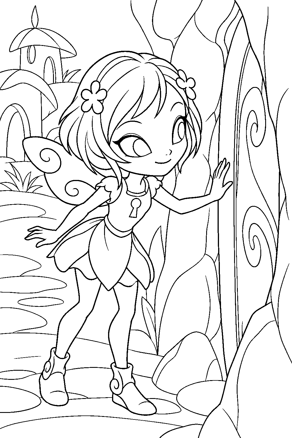 winx club lockette the pixie discovering a hidden doorway in pixie village line art
