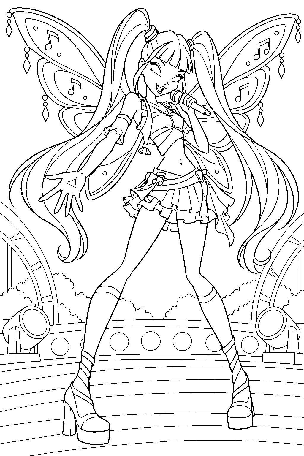 winx club musa in believix singing into a microphone on a gardenia concert stage line art