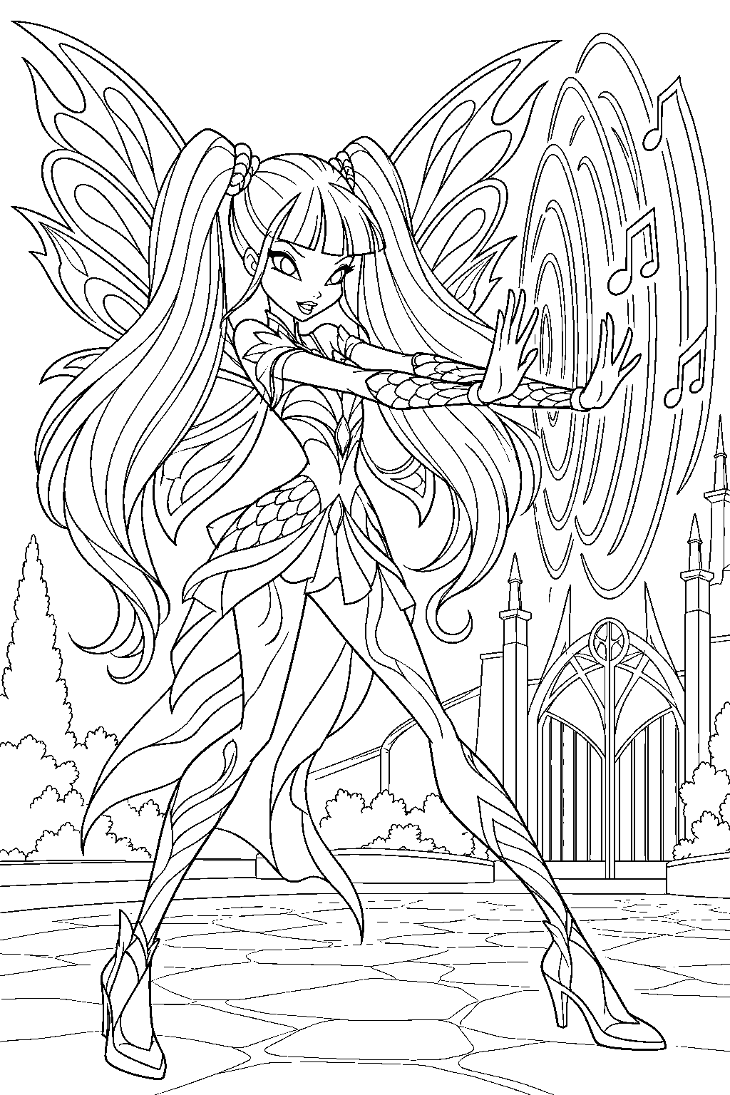 winx club musa in bloomix using a sound wave barrier beside the alfea gate line art