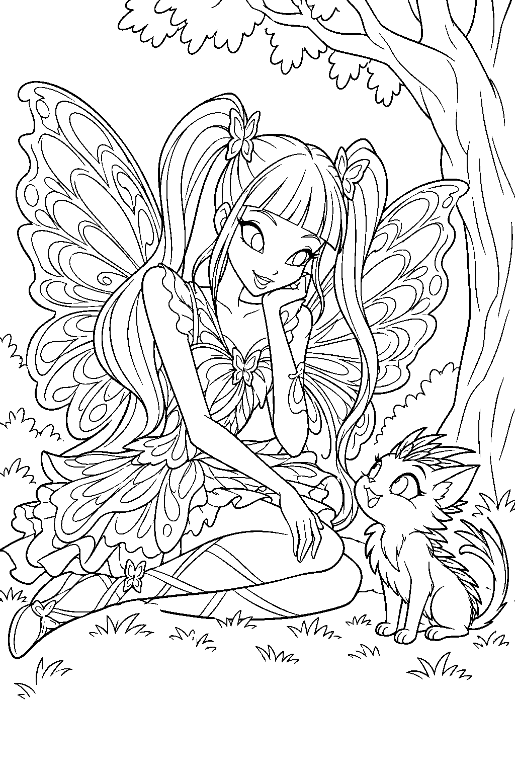 winx club musa in butterflix listening to critty the quillcat beneath a forest tree line art