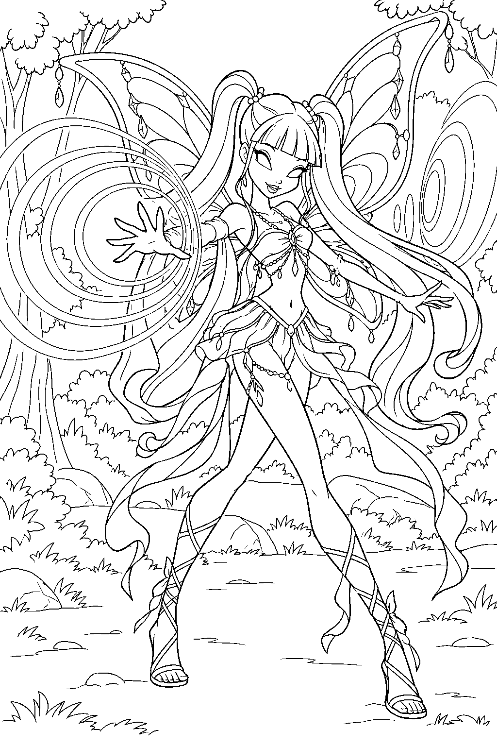 winx club musa in enchantix sending rings of sound through a forest glade line art