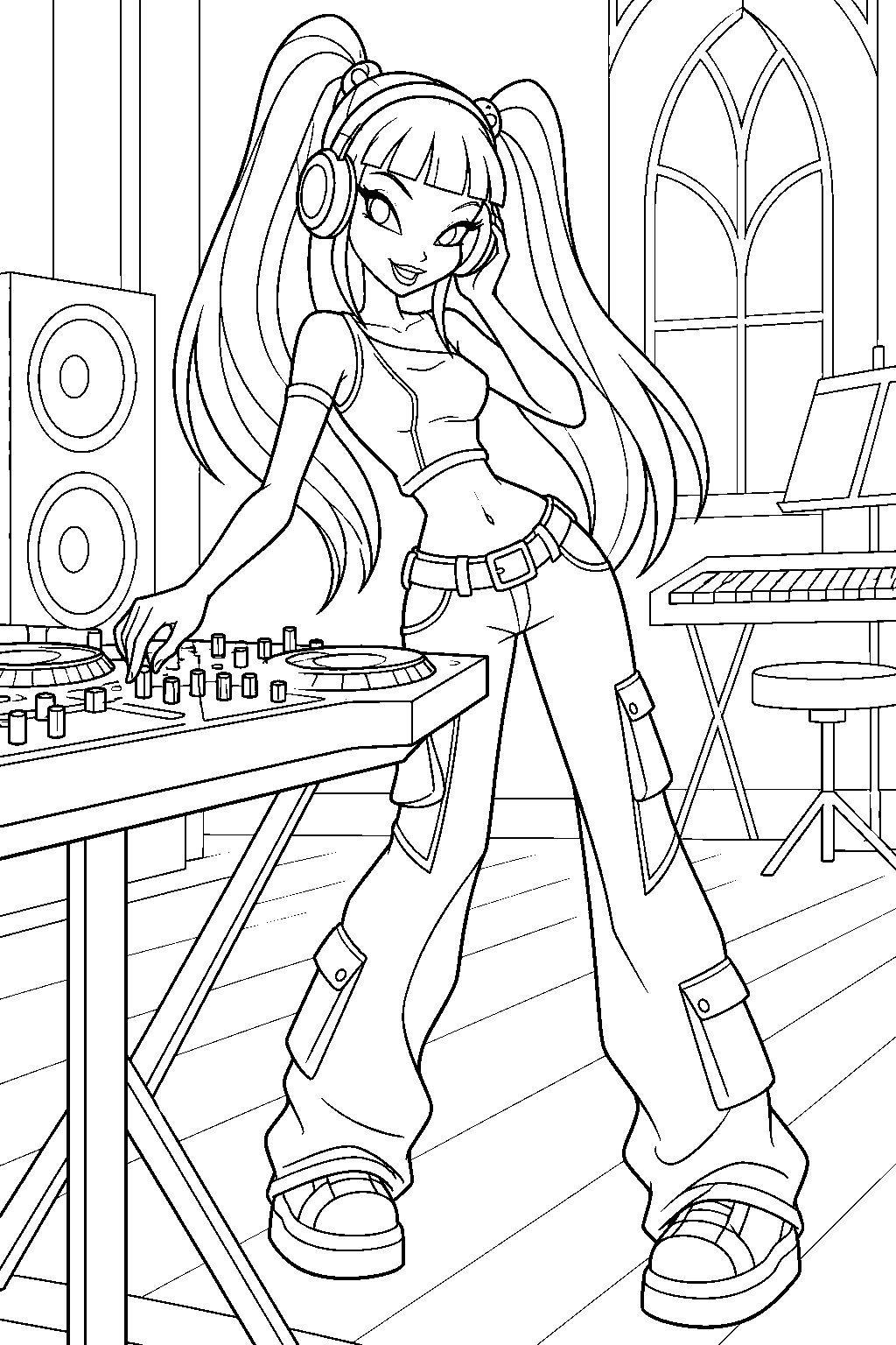 winx club musa in her casual outfit wearing headphones and mixing music in an alfea rehearsal studio line art