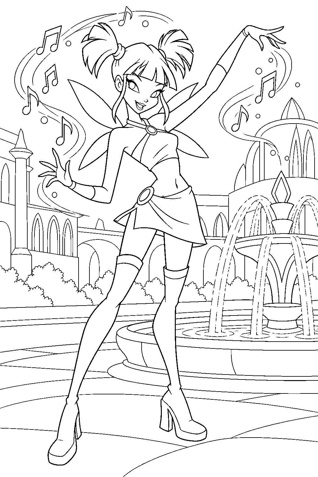 winx club musa in her magic winx fairy form creating a musical note spell beside the alfea fountain line art