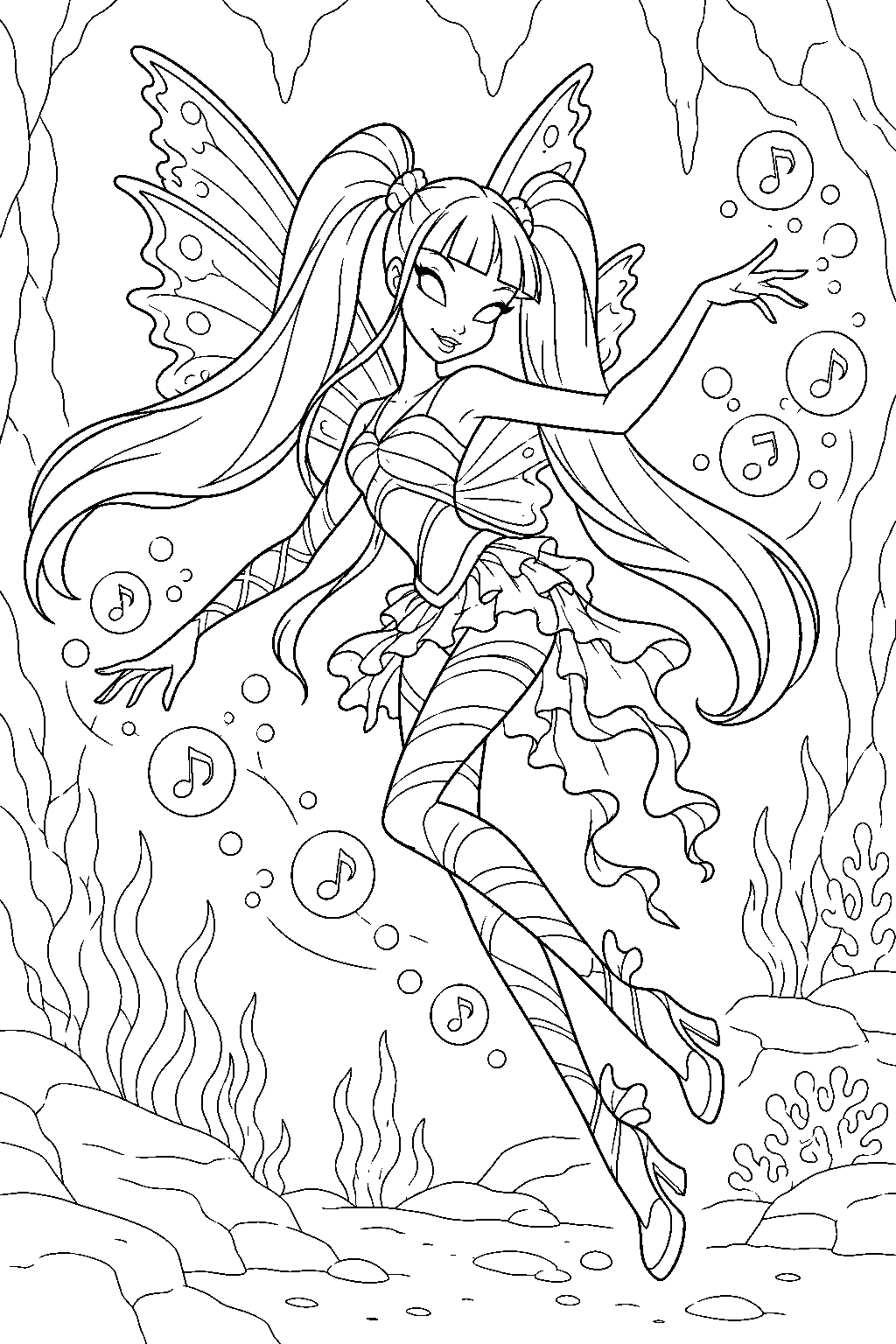 winx club musa in sirenix guiding musical bubbles through an underwater cavern line art