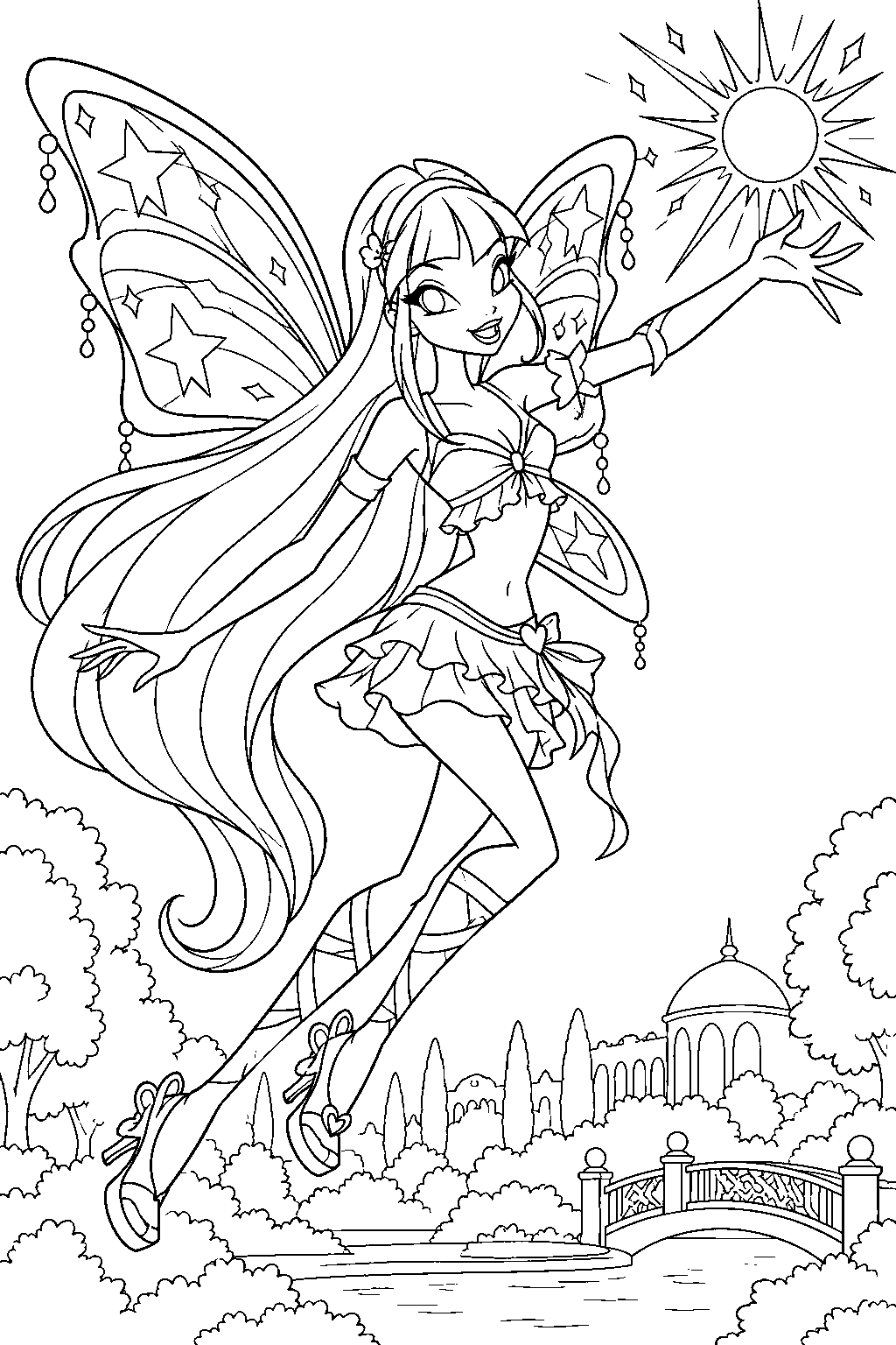 winx club stella in believix casting a sunburst spell above a gardenia park line art