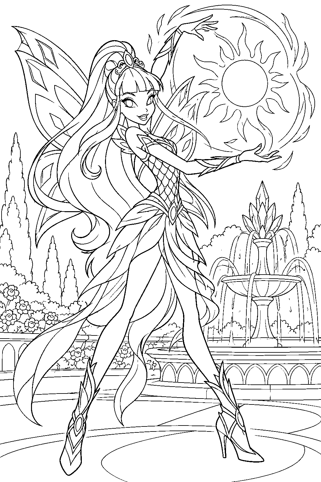 winx club stella in bloomix forming a circle of sunlight over a solaria garden fountain line art