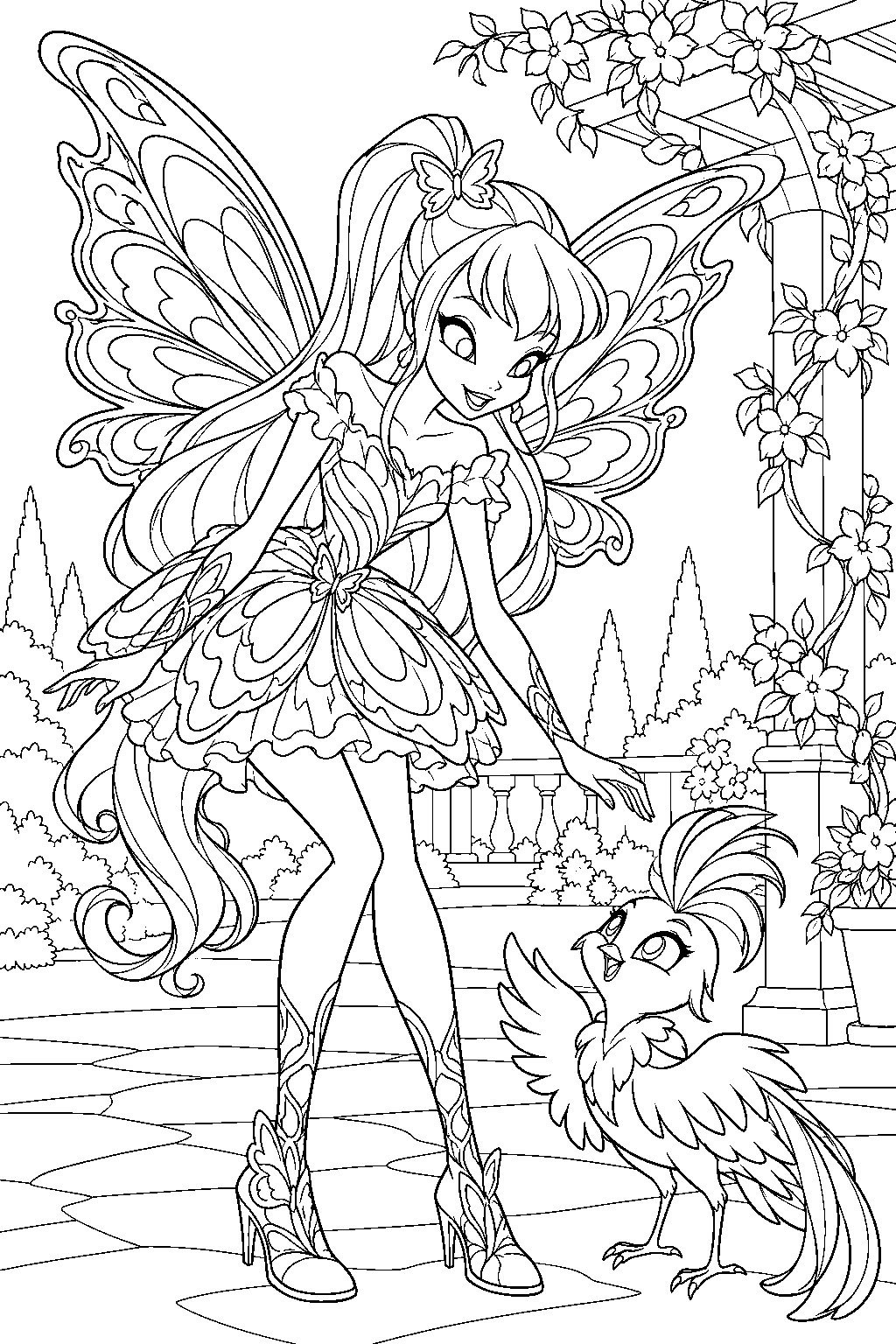 winx club stella in butterflix greeting shiny the fairy animal beside a garden pergola line art