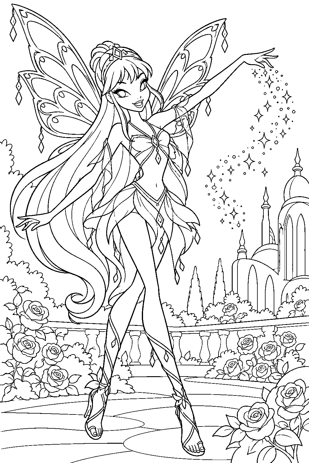 winx club stella in enchantix releasing fairy dust over the solaria palace rose garden line art