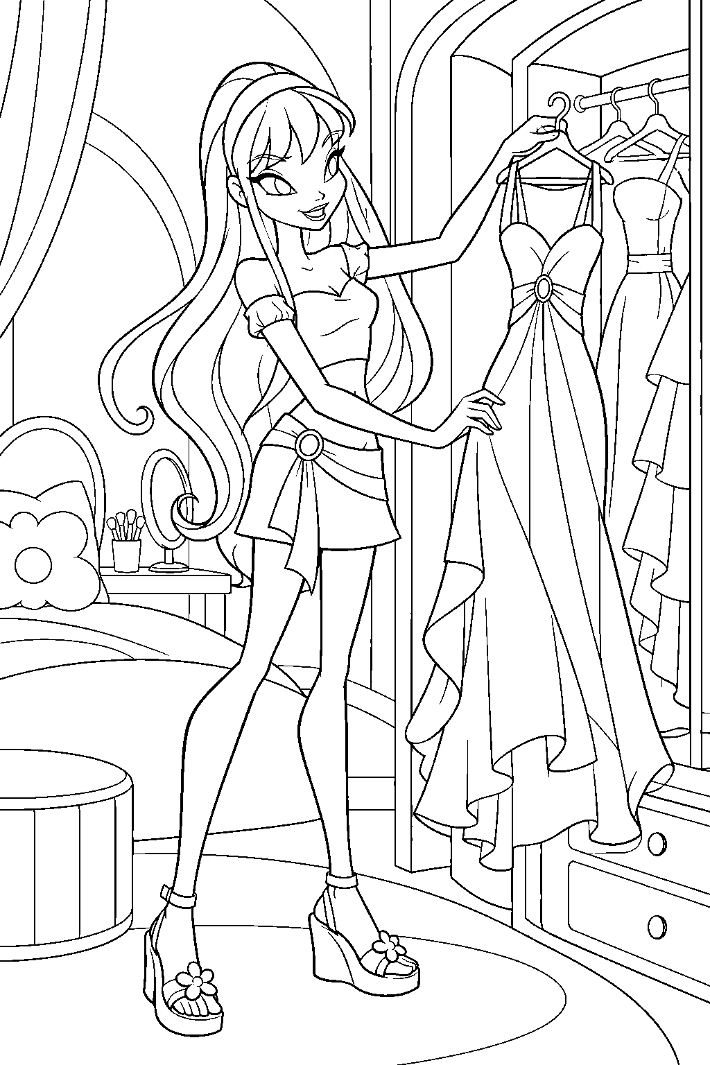 winx club stella in her casual outfit choosing a gown from her wardrobe in her alfea bedroom line art