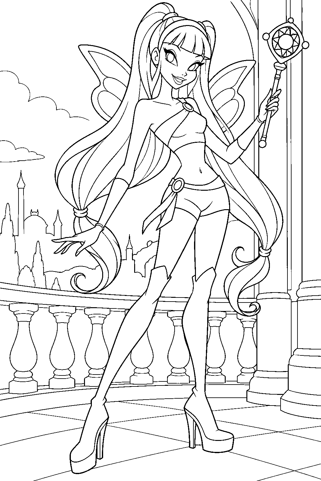 winx club stella in her magic winx fairy form holding her solaria scepter on a royal balcony line art