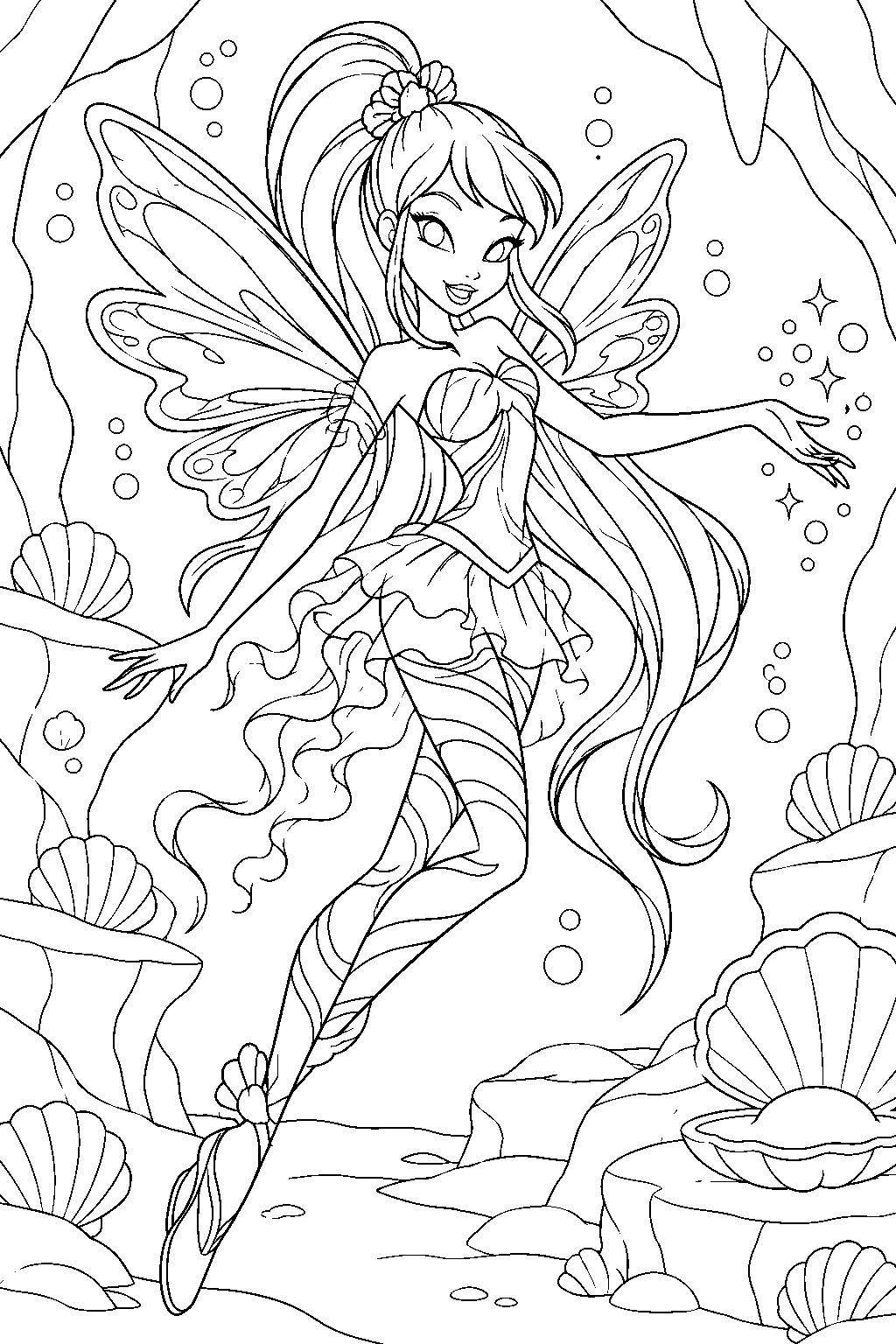 winx club stella in sirenix illuminating a seashell lined underwater cave line art