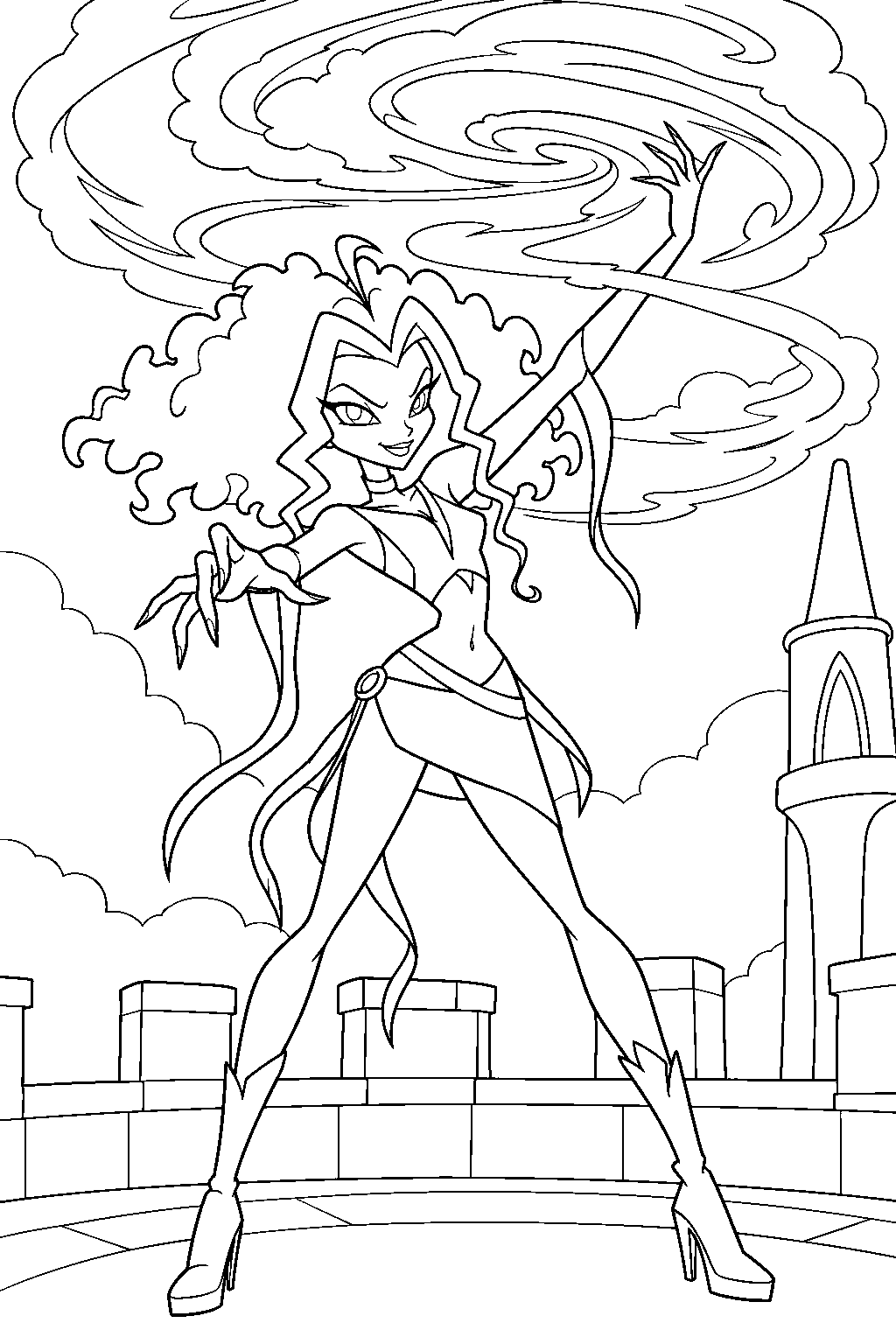 winx club stormy summoning a spiraling storm above the cloud tower battlements line art