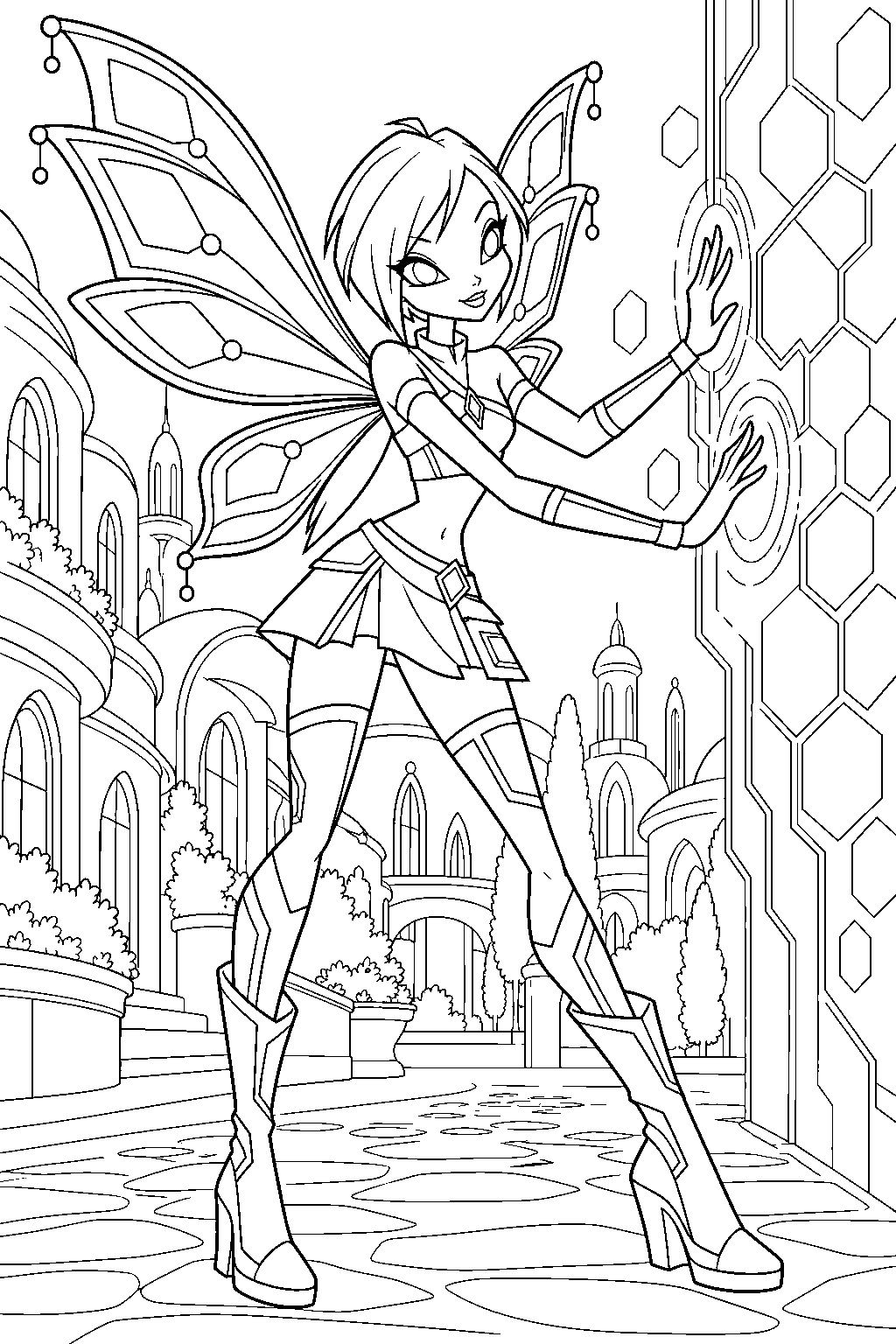 winx club tecna in believix repairing a digital barrier in a gardenia city street line art