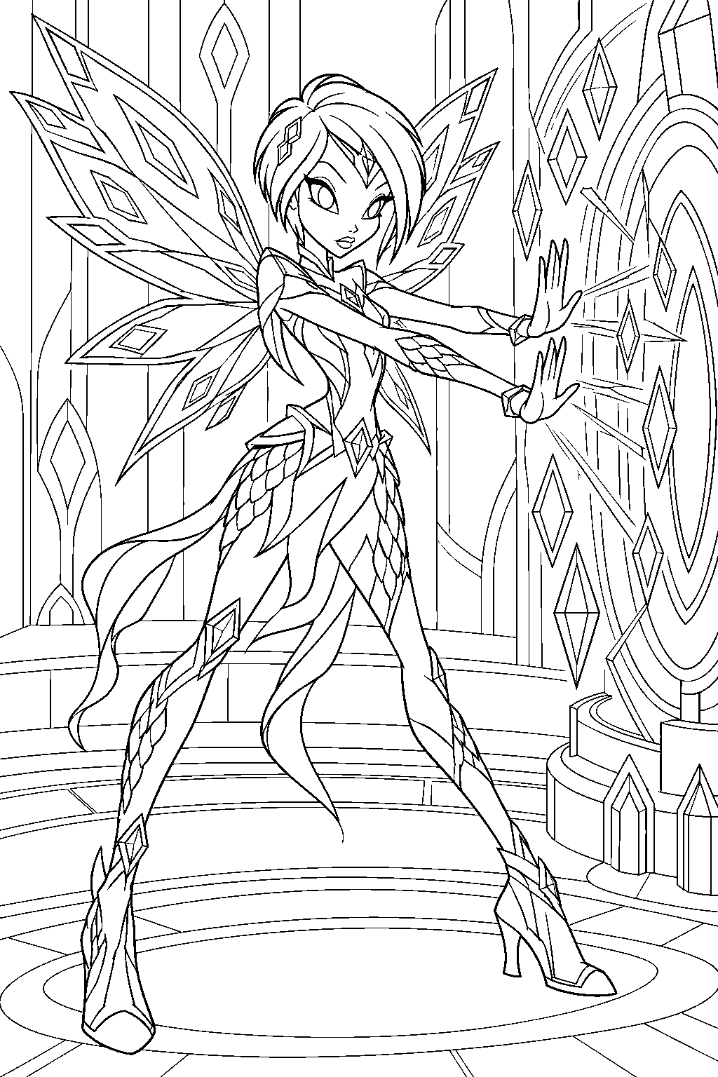 winx club tecna in bloomix sealing a magical portal in a zenith control chamber line art