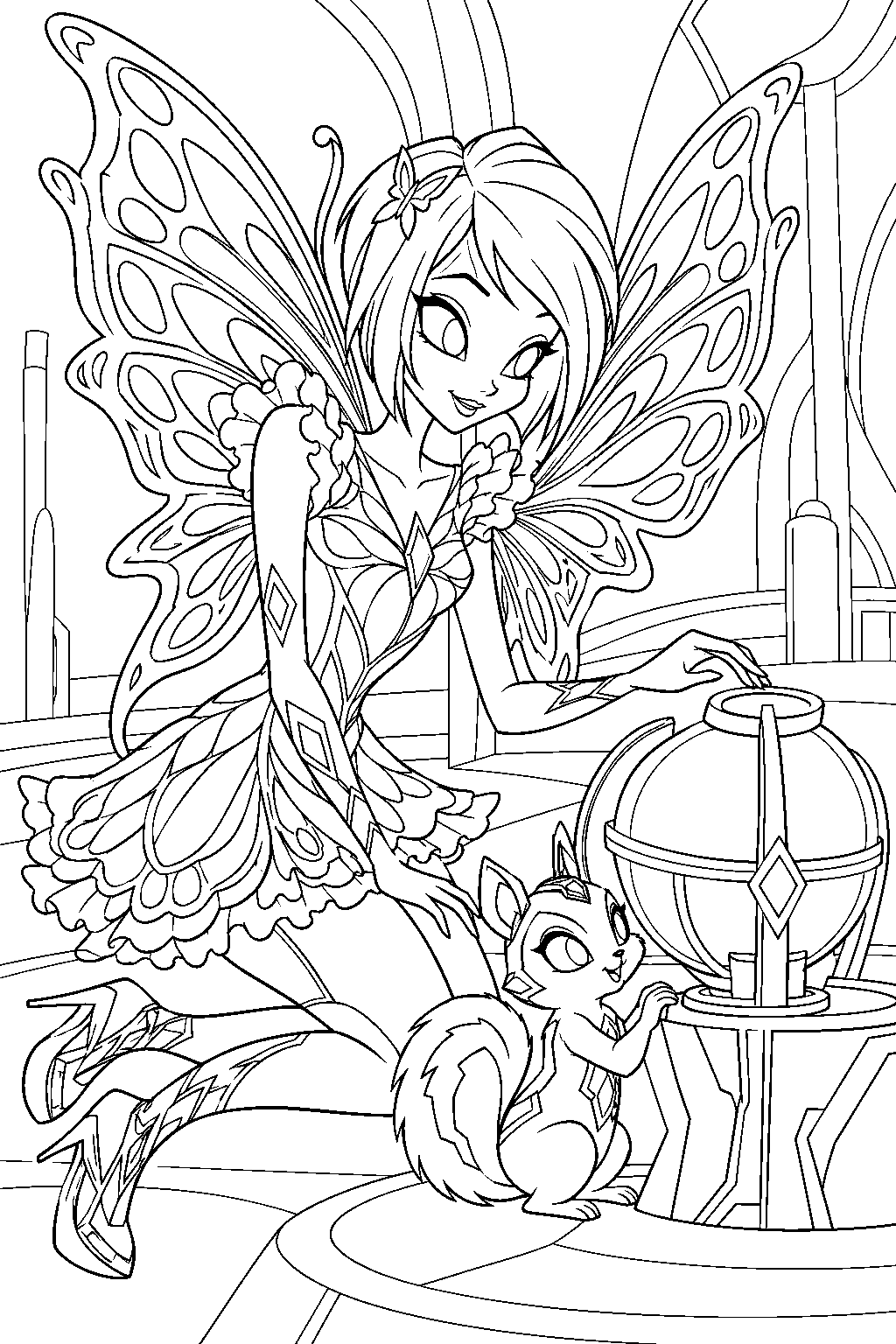 winx club tecna in butterflix helping flitter the techsquirrel beside the zenith energy core line art