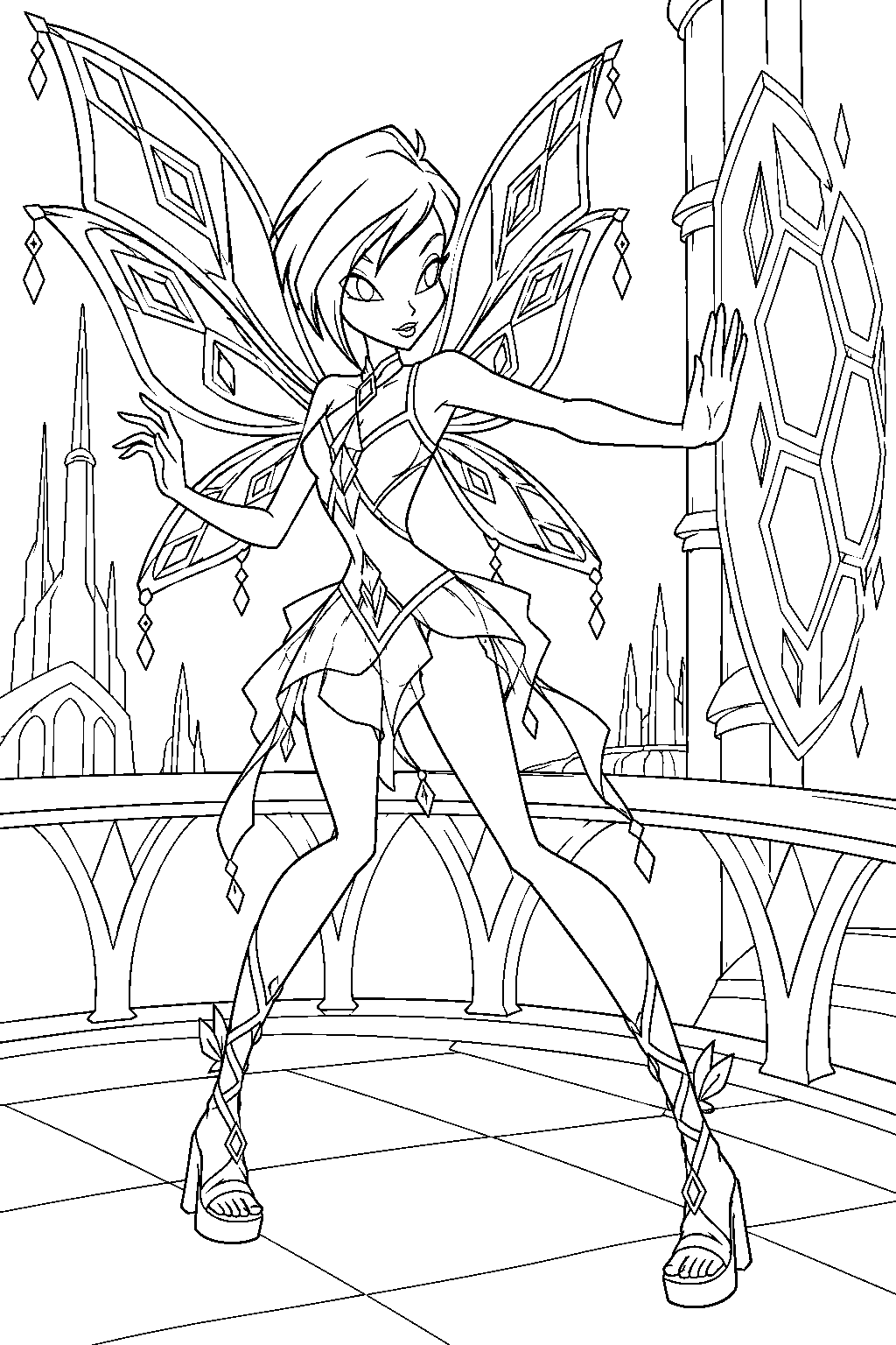 winx club tecna in enchantix creating a geometric magic shield on a zenith tower balcony line art