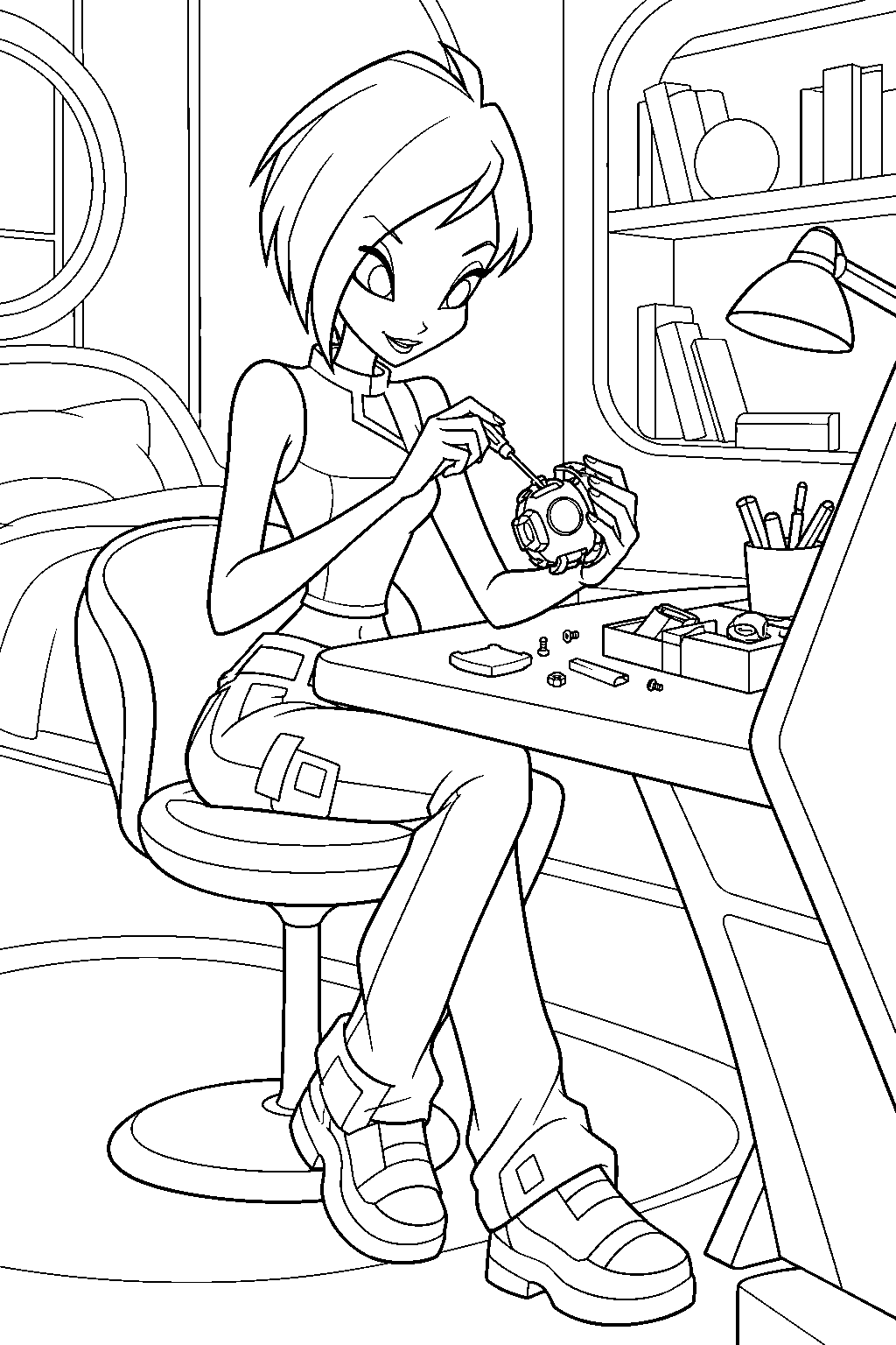 winx club tecna in her casual outfit assembling a small gadget at her alfea bedroom desk line art