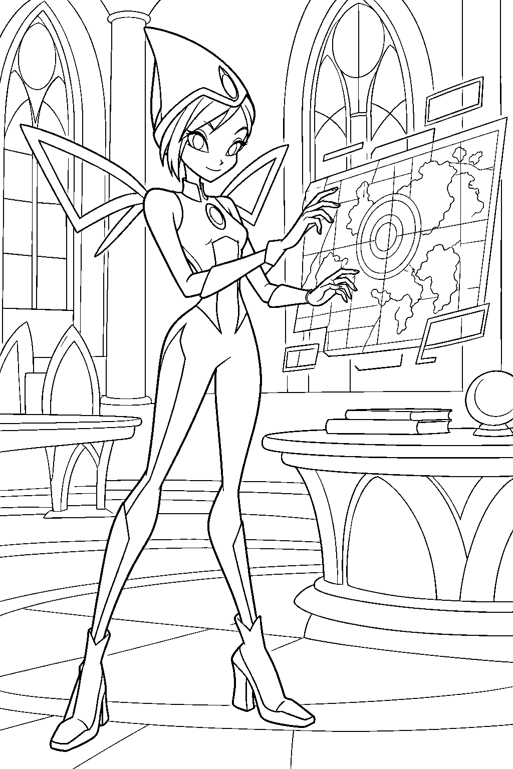 winx club tecna in her magic winx fairy form scanning a holographic map in an alfea classroom line art