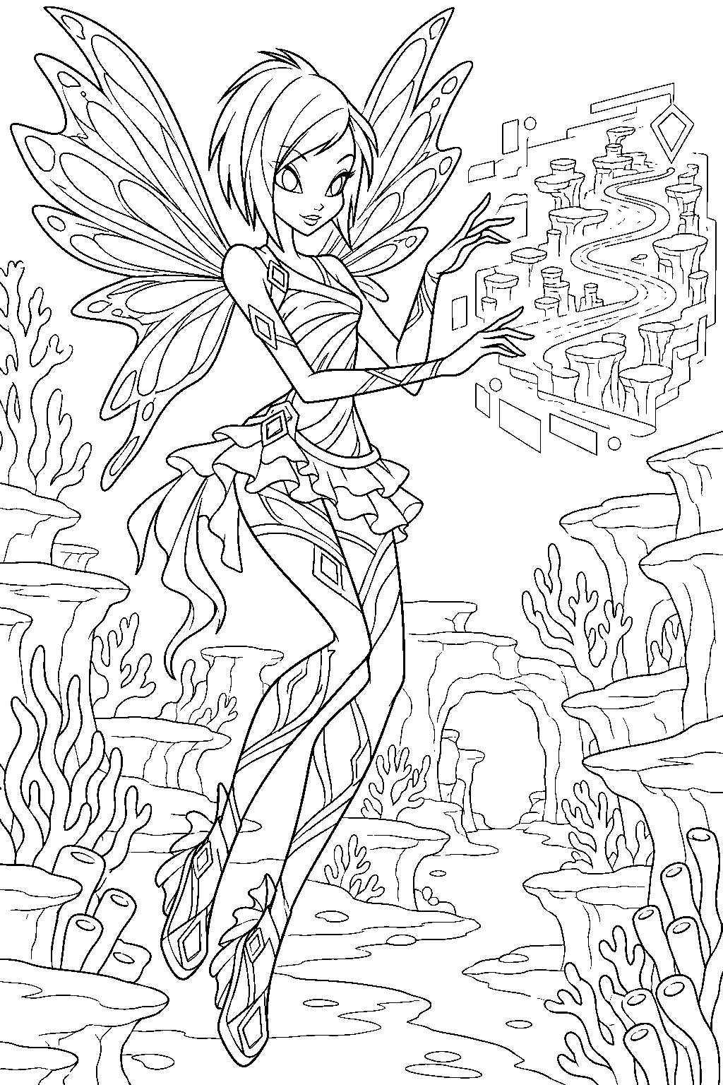 winx club tecna in sirenix projecting a holographic route through a coral labyrinth line art
