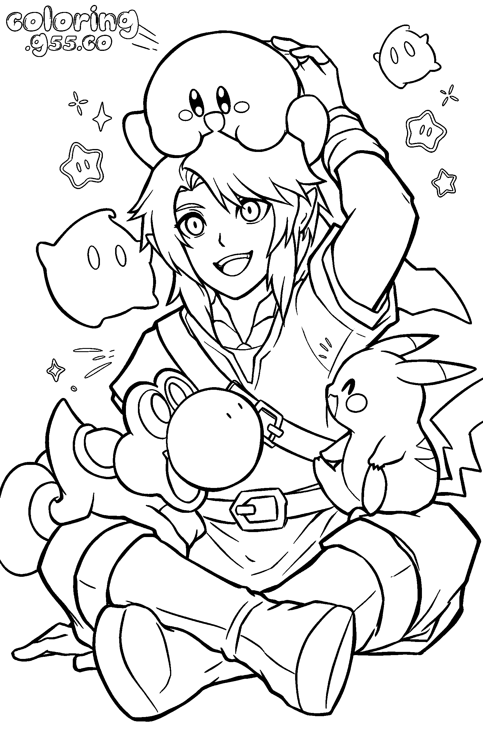 link sitting with kirby pikachu and yoshi line art