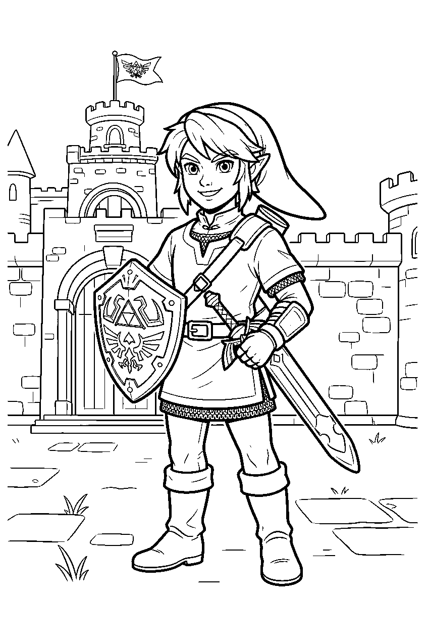 zelda link in hyrule castle courtyard line art