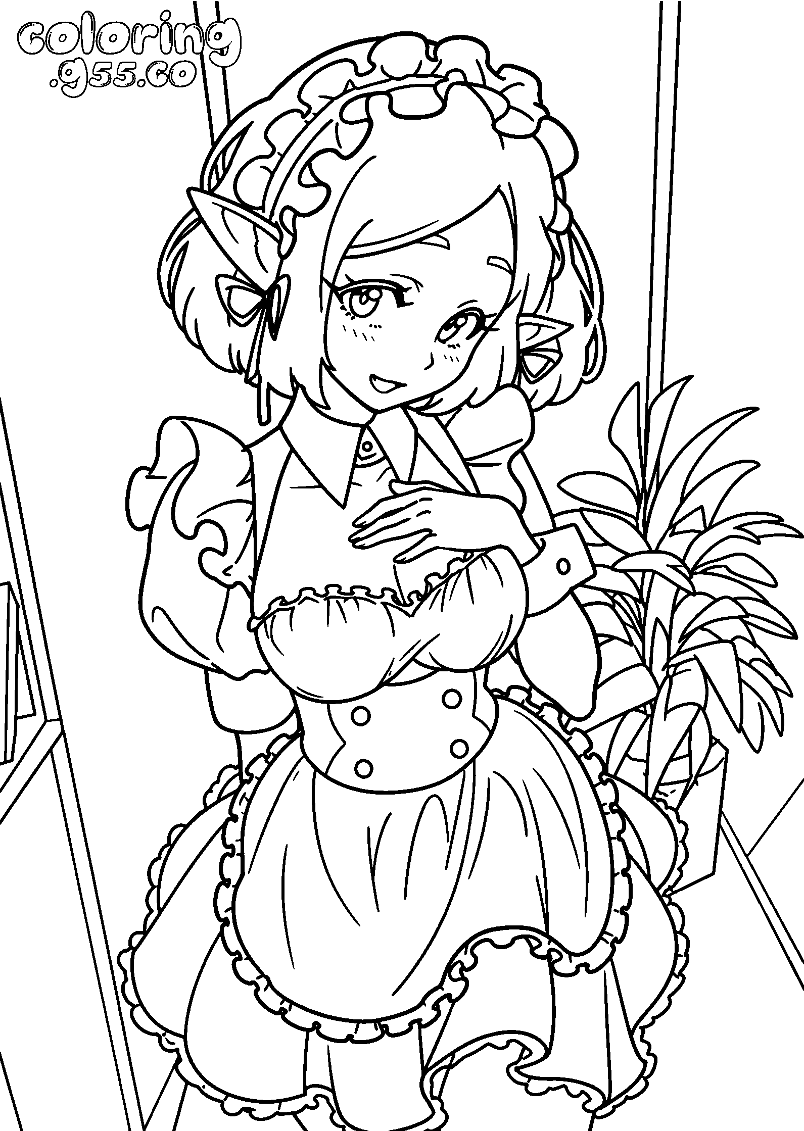 anime elf princess zelda in maid outfit line art