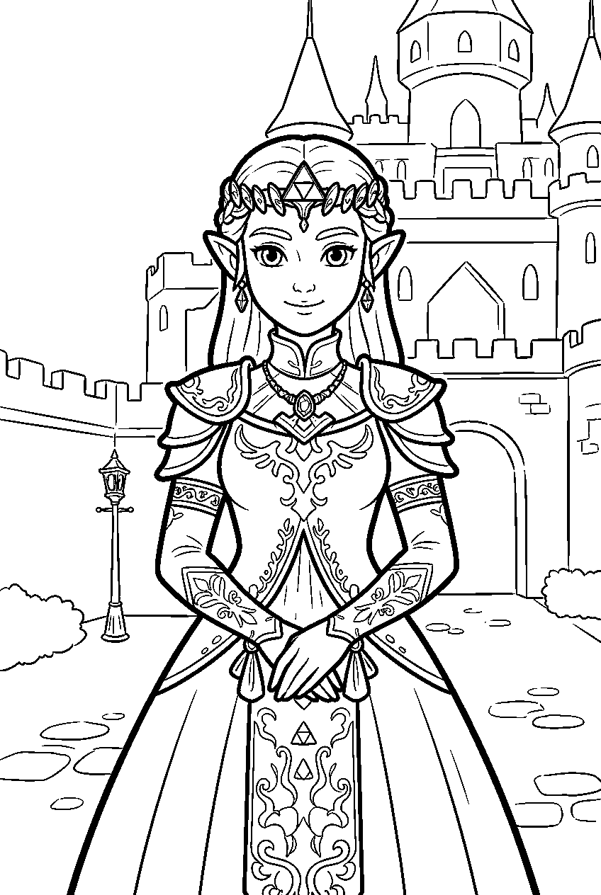 princess zelda in hyrule castle courtyard line art