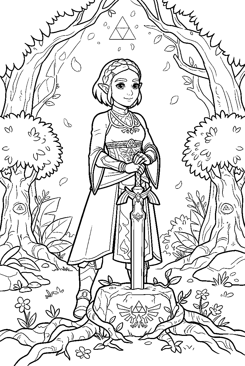 princess zelda in master sword grove line art